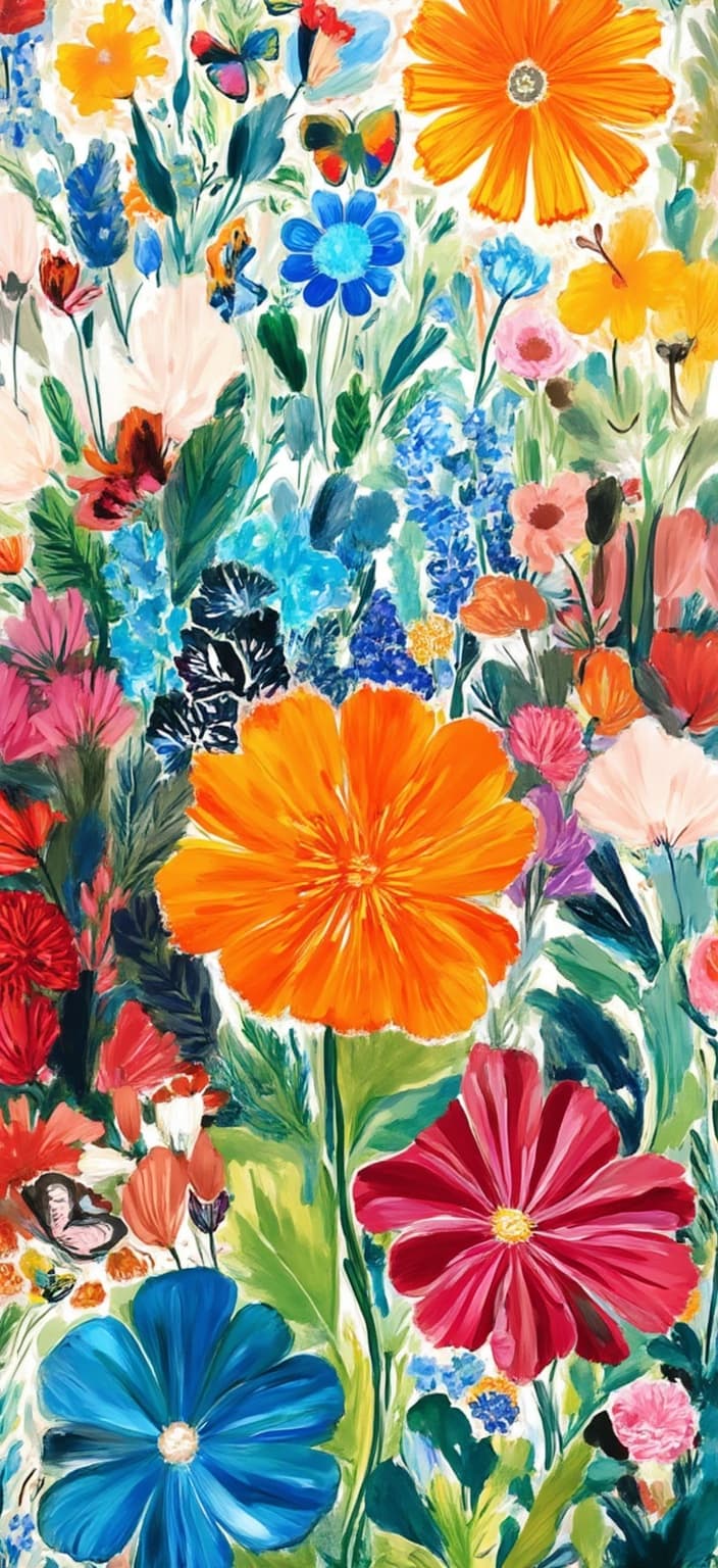 colorful_illustration, A vibrant and dynamic illustration of a colorful garden bursting with tulips, daffodils, and hyacinths takes center stage. This hand-drawn masterpiece captures the essence of a lively scene, with animated butterflies fluttering gracefully through the air, adding a whimsical touch. The garden is set against a lush background adorned with organic shapes and a harmonious arrangement of floral elements, reminiscent of Scandinavian folk art and mid-century botanical prints.
The art style draws inspiration from a lavish, decorative approach, where the intricate composition blends bold organic shapes with delicate details. Scattered ornamental elements, such as dots, swirls, and abstract motifs, enhance the luxurious layering of colors and patterns, creating a rich sense of depth and movement. Each element is thoughtfully placed to evoke a natural, free-flowing quality, ensuring the scene feels alive and vibrant.
This central composition is designed to be crisp and clean, making it an ideal choice for digital wallpaper. The harmonious balance and vivid colors ensure that the artwork creates an inviting and captivating atmosphere, perfect for enhancing any digital space with its lively charm and artistic flair.