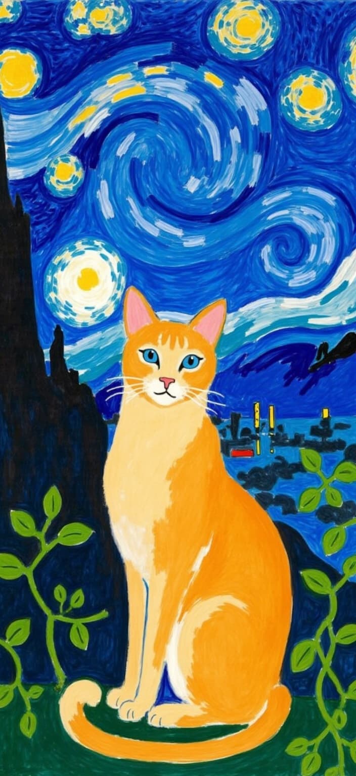 mattise_nice, Title: "Golden Reverie"
Enriched Prompt: Imagine a captivating digital artwork where the central figure is a majestic golden cat with mesmerizing blue eyes. The cat sits gracefully with its tail elegantly pointed upward, exuding an aura of curious serenity as it gazes directly at viewers. This feline figure is set against a mesmerizing backdrop inspired by Vincent van Gogh's "Starry Night," but reimagined with a unique twist—plant leaves and organic veins intricately weave into the celestial pattern, adding an additional layer of wonder and interconnectedness. The composition draws inspiration from the "Matisse in Nice" style, characterized by bold colors, fluid lines, and a sense of joyful tranquility.
The cat, though central, is intentionally made smaller to emphasize the vastness and mystery of the starry sky behind it, creating a sense of distance and depth that invites viewers to contemplate the wonders of the universe. The sky, with its swirling, vibrant blues and luminous stars, appears expansive and distant, almost like a dreamscape that envelops the scene.
Designed for digital wallpaper, this piece offers a clean and crisp aesthetic suitable for high-definition screens. The harmonious blend of artistic styles and vivid colors ensures a striking visual experience, making it an ideal centerpiece for any digital device.