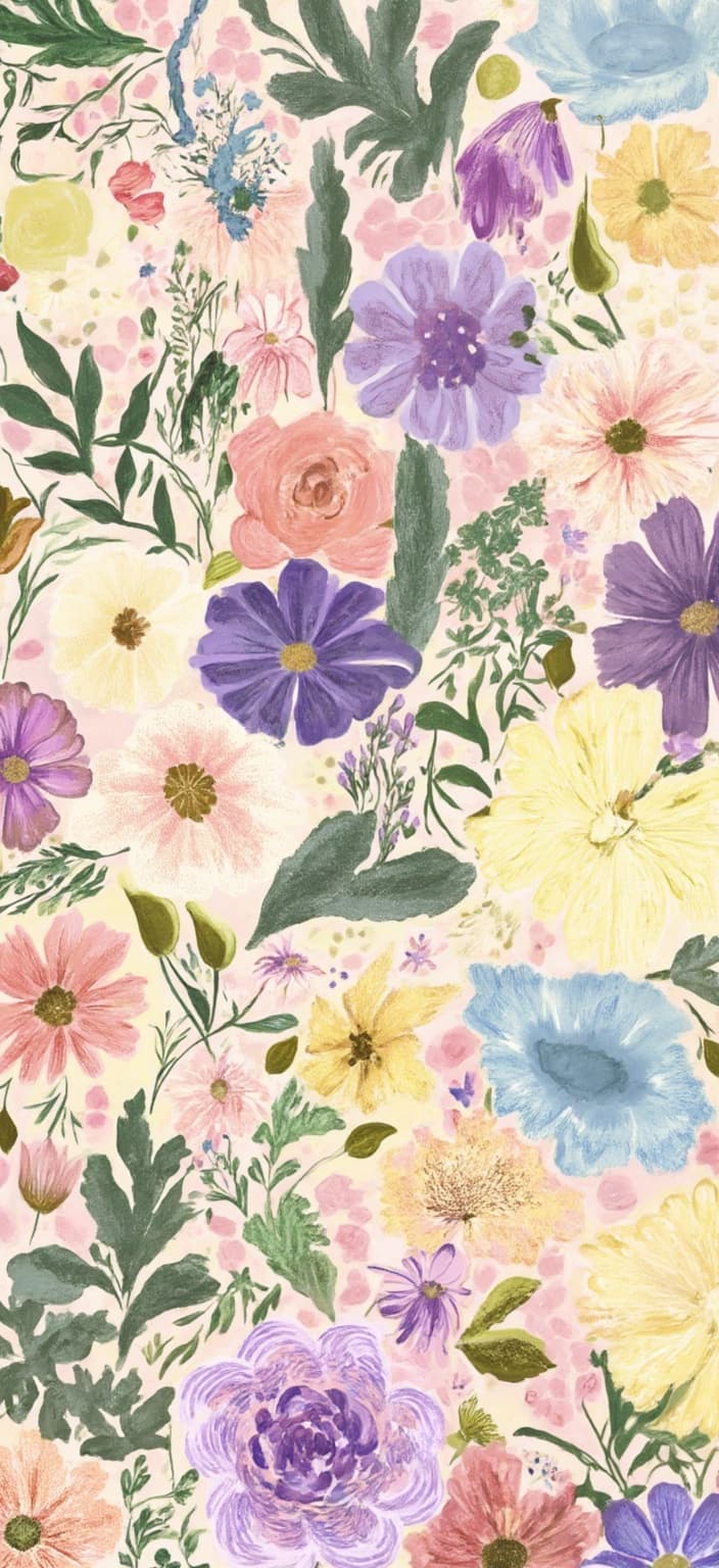 colorful_illustration, The painting captures the essence of 1920s fabric patterns, where roses and violets bloom in muted tones, elegantly harmonized across the canvas. This composition exudes a classic and sophisticated charm, ideal for an elegant phone background. The flowers are arranged in a manner that suggests both vintage allure and timeless elegance, their petals soft and inviting in colors like dusty rose, lavender, and sage green.
The style draws inspiration from a vibrant and colorful illustration that embodies a playful, dynamic, and hand-drawn feel. The background is alive with organic shapes, gently scattered decorative elements, and an array of leaves that complement the floral centerpiece. This creates a sense of a natural, free-flowing environment that seems to dance across the canvas.
The lavish decorative style is accentuated by intricate composition blending bold organic shapes with delicate details. Here, scattered ornamental elements like dots, swirls, and abstract motifs playfully interact with the flowers, enhancing the luxurious layering of colors and patterns. This detail adds depth and movement, almost as if the painting could sway with a soft breeze.
The design also embraces the harmonious, hand-drawn aesthetic reminiscent of Scandinavian folk art and mid-century botanical prints. Radial floral patterns create a sense of symmetry and balance, ensuring the painting is perfectly centered. This meticulous arrangement allows for a crisp, clean look, making it an ideal digital-wallpaper, enveloping the viewer in a world where elegance and nature unite in perfect harmony.