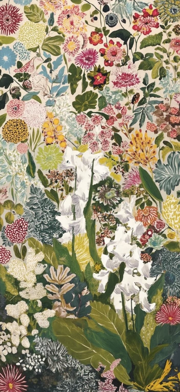 colorful_illustration, The painting features an enchanting display of Lily of the Valley, capturing the delicate beauty of these fragrant blooms. Each bell-shaped flower is meticulously rendered, showcasing their pristine white petals tinged with subtle hints of soft green, exuding a gentle elegance. In the background, a tapestry of vibrant and colorful illustrations unfolds, characterized by a playful and dynamic hand-drawn feel. Organic shapes intertwine with scattered decorative elements, creating a harmonious blend of various leaves and additional floral motifs. The composition exudes a natural, free-flowing quality that invites the viewer into a whimsical world.
Inspired by the lavish and decorative style, the intricate composition melds bold organic shapes with delicate details. Scattered ornamental elements like dots, swirls, and abstract motifs add a touch of opulence. The luxurious layering of colors and patterns brings depth and movement to the scene, enveloping the lilies in a vibrant embrace. The radial floral patterns and organic shapes work in harmony, reminiscent of Scandinavian folk art and mid-century botanical prints, conveying a sense of nostalgia and charm.
The image is centered perfectly, ensuring it has a crisp, clean look, making it ideal for digital wallpaper. This enchanting artwork transforms any screen into a window to a serene garden, celebrating the timeless beauty of Lily of the Valley in a captivating and richly detailed style.