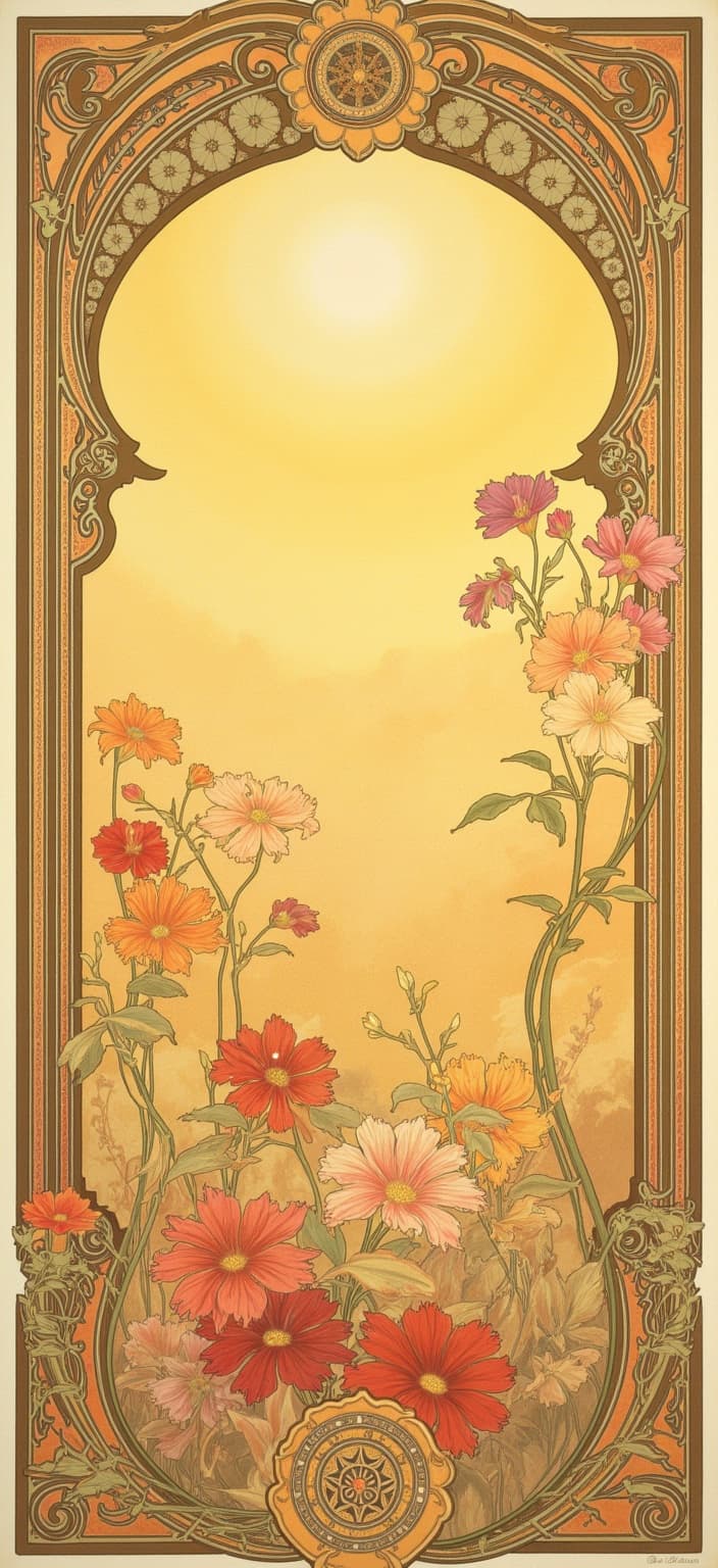 mucha, Enriched prompt: Imagine a digital wallpaper that captures the serene beauty of morning fresh flowers gently basking in the soft, golden light of a sunrise. This painting, inspired by the flowing, organic lines and intricate decorative patterns reminiscent of Mucha’s artistry, transforms your screen into a dreamlike, romantic landscape. At the heart of this composition, vibrant flowers bloom amidst entwining sinuous vines, their petals kissed by the gentle warmth of dawn’s first light. The background is a highly stylized tapestry, interwoven with subtle geometric patterns and celestial elements that whisper of a world where nature and emotion dance in tandem.
The scene is encased within an ornate Gothic-inspired frame, its sweeping curves and embellishments echoing the grandeur of a cathedral window. This elaborate border, adorned with organic patterns, delicate flowers, and celestial symbols, not only unifies the image but also invites the viewer to step into a poetic realm where the harmony of nature and human emotion flows seamlessly. The entire work is painted in a palette of delicate colors that evoke a sense of tranquility and wonder, making it a perfect centerpiece for a digital wallpaper, both captivating and calming.