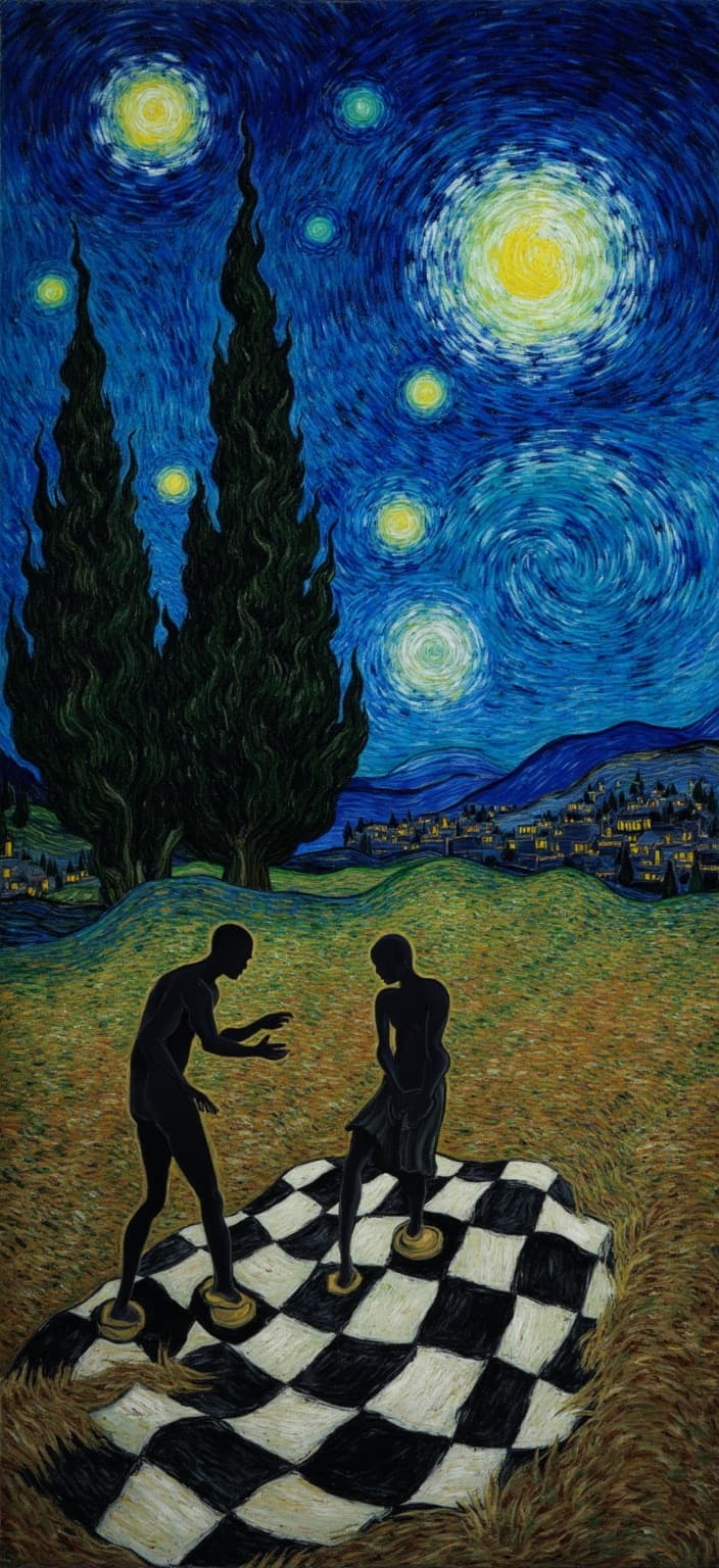 van_gogh, A captivating digital wallpaper that centers on a dark, moody chessboard set against the iconic swirling stars of Van Gogh's "Starry Night." Painted in Van Gogh's expressive post-impressionist style, the scene radiates intense color and dynamic brushwork. The chessboard anchors the foreground, its black and white squares stark against a cosmos of deep blues and blacks. Two shadowy figures, resembling ethereal apparitions, sit in silent contemplation over their game. Their ghostlike forms are softly illuminated by the glowing starry sky above, casting an enigmatic atmosphere over the scene.
The night sky, with its vibrant yellows and rich blues, dominates the composition, creating a striking contrast against the shadows below. In the distance, a village with warmly lit windows adds a touch of comforting warmth amidst the cool tones. Towering cypress trees sway gently beside the chessboard, their silhouettes bridging the earth and sky, adding to the surreal aura.
The brushstrokes in this piece are thick and textured, embodying Van Gogh's trademark impasto style. They swirl with emotion and movement, blending reality and dream in a surreal, poetic composition. The interplay of bold complementary colors—such as the deep blues against the vibrant yellows—heightens the visual impact, creating a dance of hues that pulsates with life.
This intense and dynamic artwork resonates with raw emotion and urgency, making it a perfect choice for a digital wallpaper that transforms any space into a window to a dreamscape. The rhythmic, swirling patterns evoke a sense of motion and vitality, offering a deeply personal yet universally compelling visual experience ideal for those who appreciate art that transcends the ordinary.