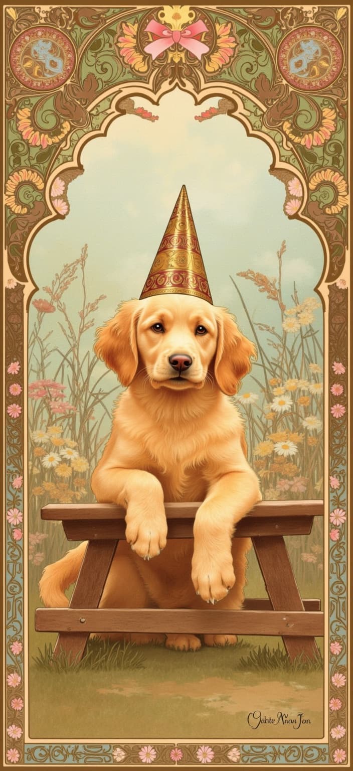 mucha, In this enchanting digital wallpaper, a golden doodle puppy takes center stage, exuding an air of majestic charm as it wears a regal birthday hat. Its fluffy coat gleams with a golden hue, contrasting beautifully against the elaborate decorative patterns that engulf the scene. The puppy is elegantly propped up on a rustic picnic bench, with both front paws gracefully stretched forward, embodying the true essence of a party star. Its head leans slightly forward, with calm, knowing eyes that capture the essence of being the main character in this festive celebration.
The painting draws inspiration from the flowing, organic lines and intricate patterns characteristic of Mucha's artistic style. The background is a harmonious blend of natural motifs, featuring an exquisite array of sinuous vines and exuberant floral elements. Celestial symbols intermittently dot the scene, adding a touch of ethereal beauty. The composition is bathed in delicate, refined colors that enhance the romantic, dreamlike aesthetic—inviting the viewer into a whimsical world where nature and joy intertwine seamlessly.
An elaborate ornamental frame encloses the entire scene, reminiscent of a grand Gothic window. Its sweeping curves and detailed embellishments of organic patterns, blooming flowers, and celestial icons provide a cohesive visual unifier. This intricate border serves as both a gateway into a poetic realm and a sophisticated finish to the digital wallpaper—ideal for elevating any digital space with its refined and harmonious charm.