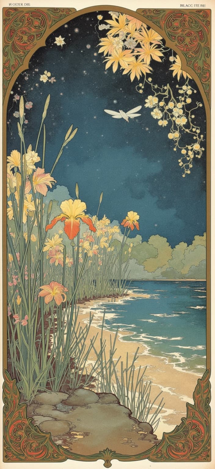 mucha, Enriched prompt: Imagine a dreamlike painting capturing the serene edge of a tranquil lake beneath a dazzling, starry night sky. This composition is brought to life through the elegant, flowing, and intricate decorative patterns characteristic of the Art Nouveau style, particularly drawing inspiration from the works of Alphonse Mucha. The scene is devoid of people and buildings, allowing nature to take center stage. In the foreground, a lush array of iris flowers, graceful bullrushes, and slender reeds dance subtly in a gentle breeze. Two large dragonflies, intricately detailed, face one another, their delicate wings shimmering with ethereal luminescence.
Entwined through this natural tableau are sinuous vines and blooming flowers, weaving an intricate narrative across the composition. The color palette is a harmonious blend of delicate, romantic hues that evoke a sense of tranquility and wonder. The background is highly stylized, seamlessly merging fine art with design to evoke an ethereal, dreamlike aesthetic.
The entire scene is framed within an elaborate ornamental border, alive with organic patterns and Art Nouveau whiplash curves, reminiscent of Mucha's grand Gothic sensibilities. This asymmetrical border is adorned with an array of flourishing vines and flowers, with celestial symbols subtly interwoven. Among these, one large iris flower boldly emerges from the scene, breaking through the confines of the border to captivate the viewer's eye.
This painting captures a sense of timeless beauty and serenity, making it a perfect digital wallpaper, designed to grace the background of a smartphone with its harmonious blend of nature and art, romance and tranquility.
