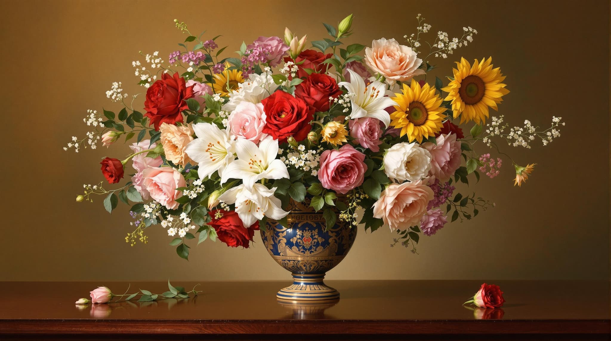 , Title: "Timeless Blossoms"
Enriched Prompt:
On a timeless canvas, a classical masterpiece unfolds, capturing the serene elegance of a still life composition. At the center, a beautifully crafted vase, reminiscent of ancient Greek pottery, stands gracefully on a finely polished, dark mahogany table. The vase, an exquisite work of art itself, is filled with a delightful array of meticulously detailed flowers that seem to whisper stories of nature's splendor.
A symphony of colors dances from the blooms; soft, velvety roses in deep crimson and blush pink; regal lilies with petals unfurling in pure white and buttercream; and sun-kissed sunflowers with their golden faces turned towards an unseen sun. Delicate tendrils of ivy and tiny sprigs of baby's breath weave gracefully between the blossoms, adding depth and texture to this vibrant bouquet.
The background, painted in warm, muted earth tones, enhances the vividness of the flowers and adds depth, creating a harmonious balance between foreground and background. The play of light and shadow, expertly rendered in the classical style, adds dimensionality, allowing the flowers to nearly pop off the screen with their vivid realism.
As the eye moves across the image, it lingers on a single dewdrop perched precariously on the edge of a rose petal, capturing the essence of fleeting beauty. This digital wallpaper, perfectly centered and crisply detailed, is an ode to the grace and everlasting charm of classical art, ready to transform any space with its refined, elegant allure.