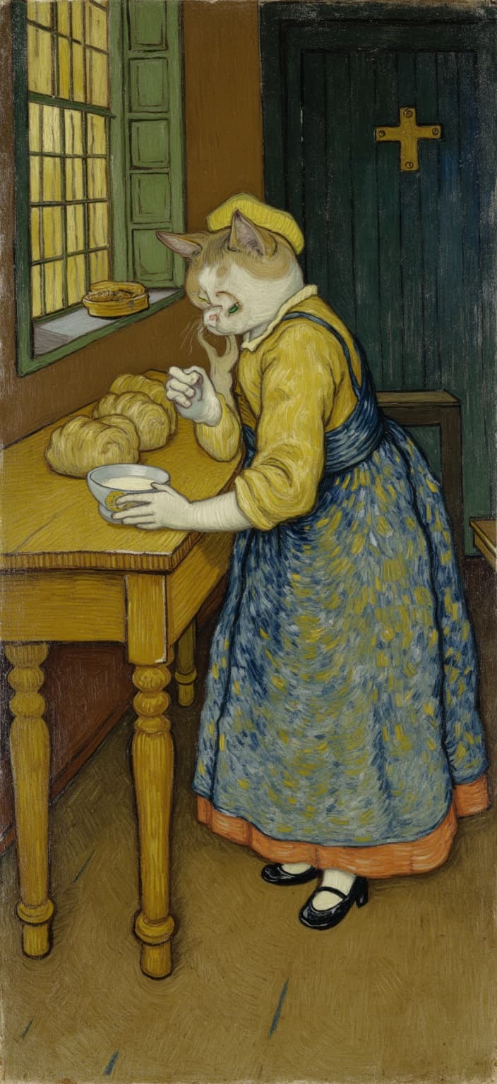 van_gogh, The image is a captivating portrayal of an anthropomorphic cat, masterfully reimagined as Vermeer’s ‘The Milkmaid’. This feline character, with its striking white and orange fur, dons a traditional 17th-century Dutch dress. The attire consists of a vivid blue skirt, a warm yellow bodice, and a pristine white headscarf, all rendered in an intricate style that draws inspiration from the passionate and vivid brushwork known for its intense colors and dynamic compositions.
The scene is set in a quaint kitchen, centered perfectly for a digital wallpaper, ensuring a crisp, clean aesthetic ideal for printing. The cat stands beside a rustic wooden table, its delicate paws gracefully holding a ceramic jug, pouring milk into a ceramic bowl. The table is artfully adorned with freshly baked bread and other kitchen items, each painted with rich, impasto layers that add depth and texture, enhancing the sense of realism.
The natural light filters softly through a small window on the left, casting gentle, expressive shadows across the scene, while the overall color palette employs bold, complementary contrasts of blue and orange, drawing inspiration from expressive compositions to heighten the image’s visual impact. The brushstrokes are vigorous, loose, and swirling, echoing a rhythmic, almost pulsating quality that infuses the painting with motion and emotional depth.
The ambiance exudes warmth and serenity, with the textured brushstrokes and linear patterns conveying a unique life and vibrancy within the artwork. This fusion of classical Dutch realism and a dynamic, emotion-rich style produces a mesmerizing image, both universally compelling and deeply personal, perfect for a digital wallpaper that captures attention and imagination.