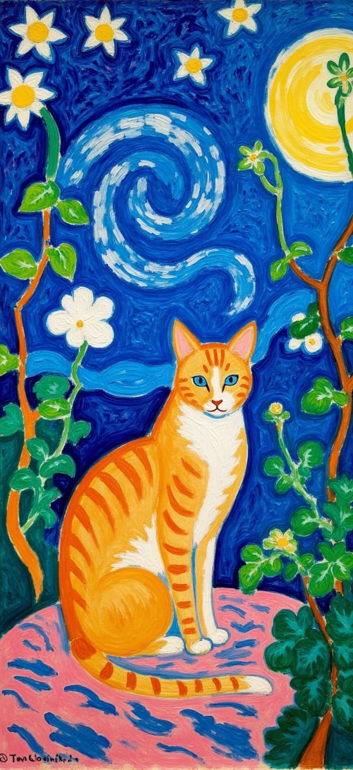 mattise_nice, A captivating scene unfolds, featuring a majestic golden cat with enchanting blue eyes, sitting gracefully at the center of the composition. The cat exudes a regal presence, its tail elegantly pointed upwards, drawing the viewer's attention immediately. The background is a mesmerizing homage to Van Gogh's iconic "Starry Night," infused with swirling shades of deep blues and vibrant yellows, creating a celestial landscape that feels both familiar and dreamlike.
In a beautiful fusion of nature and art, lush plants and intricate leaves weave seamlessly into the starry sky, their veins and tendrils extending as though reaching out to touch the stars. This organic integration of elements adds a sense of harmony and wonder to the scene.
The painting is crafted in the "Matisse-in-Nice" style, capturing the essence of bright colors and bold, fluid forms that characterize Henri Matisse's work during his time in Nice. Each brushstroke is infused with a sense of joy and movement, enhancing the overall vibrancy of the artwork.
Designed with precision for digital wallpaper, the image is centered perfectly to ensure a crisp, clean look that is both striking and sophisticated, making it an ideal piece for any modern setting.