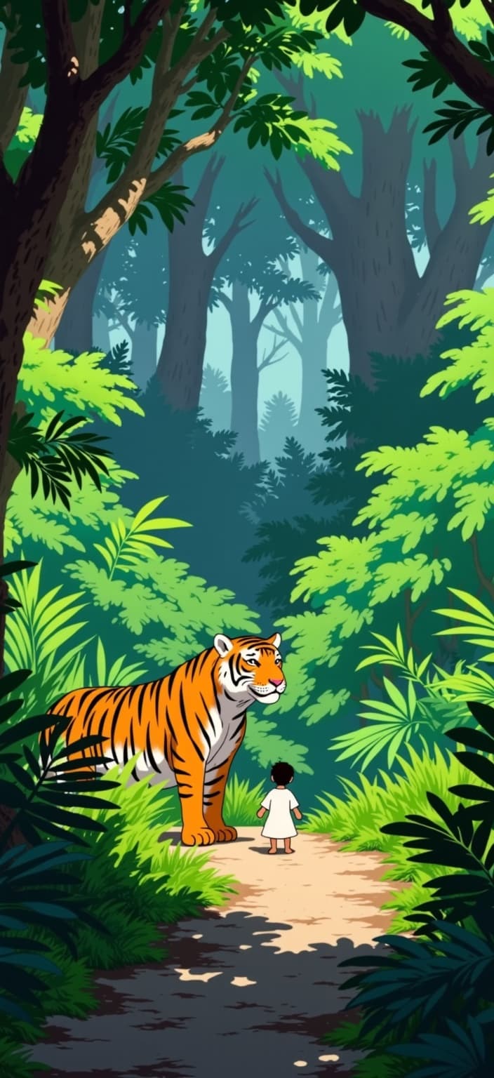 ghibli_illustration, In a dreamy, hand-drawn animation style that evokes nostalgia and warmth, envision a vivid scene set in the heart of a lush, vibrant jungle. The painting centers on a majestic tiger and his master, a wise and serene man, their bond clearly visible through their mutual gaze. The tiger, with its powerful build and striking stripes, stands on the dense jungle floor, surrounded by an array of exotic foliage painted in rich, deep greens that seem almost palpable. The master's gentle demeanor is emphasized through expressive character design, reflected in his kind eyes and relaxed posture, dressed in simple, subtly textured robes that suggest wisdom and experience.
The background is richly detailed, with light filtering through the canopy, casting soft, natural shadows that create a cozy and inviting atmosphere. The jungle teems with life, from delicate ferns to towering trees, their intricate textures sketched with a soft, painterly touch. This warm lighting bathes the scene in a gentle glow, enhancing the dreamlike, whimsical aesthetic. The colors are vivid yet slightly muted, contributing to the nostalgic quality of the scene, where the boundaries between reality and imagination blur seamlessly.
Every object, from the pebbled ground to the rustling leaves, is meticulously rendered, inviting viewers to step into this enchanted world. The focus remains crisp on the tiger and his master, who are accurately proportioned and clearly visible, ensuring a captivating and beautifully balanced composition. This enchanting scene is perfect for a digital wallpaper, bringing a sense of joy and tranquility to any space.