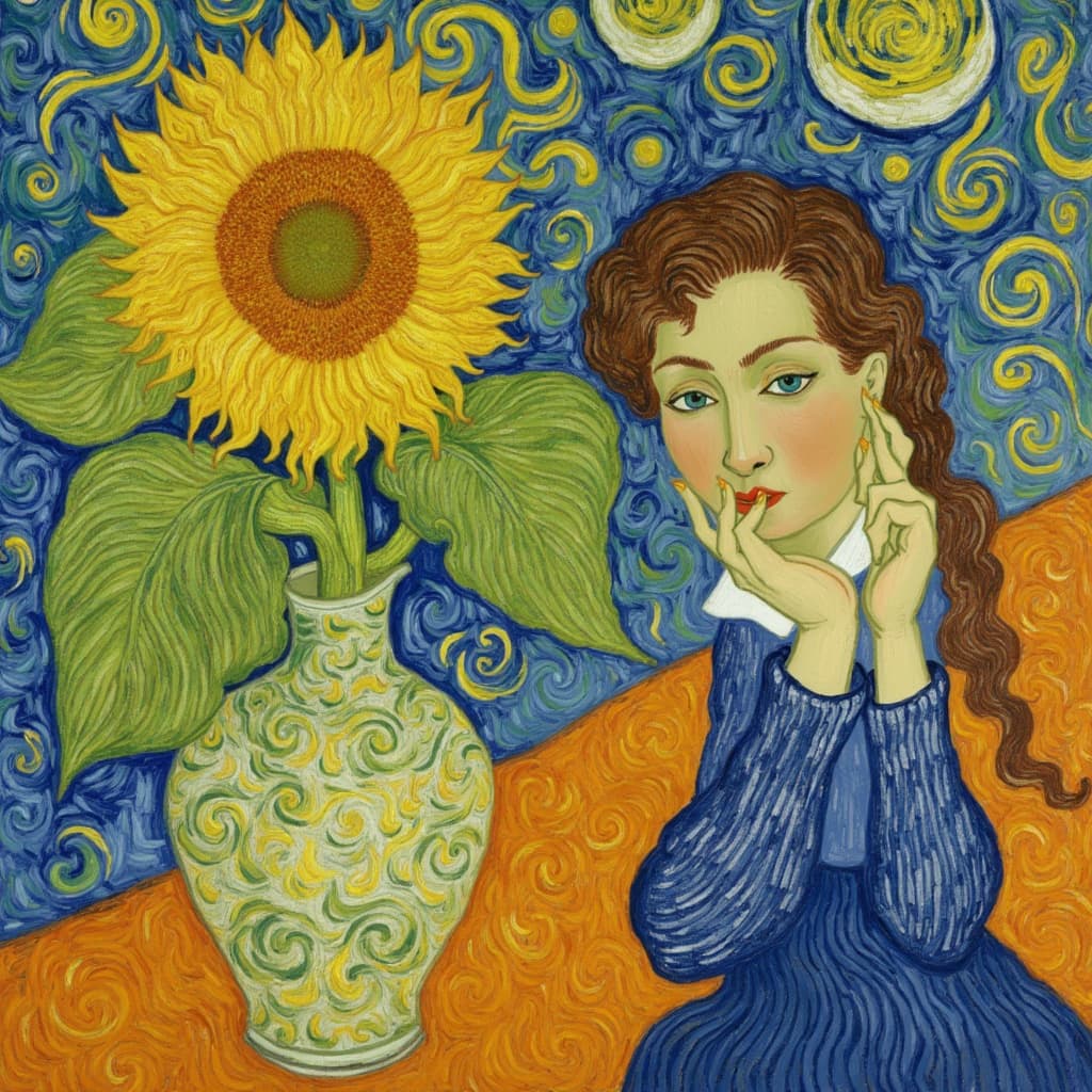 van_gogh, In the heart of the image, a breathtaking composition unfolds, capturing a sense of dynamic elegance and emotional depth. A radiant sunflower, with its golden petals unfurling like a sunburst, sits proudly in a delicately crafted vase. The vase, adorned with intricate patterns, echoes the swirling, energetic brushstrokes that define the overall scene. Standing gracefully beside the vase is a young girl, her expression both serene and enigmatic. She wears a pearl earring, its lustrous sheen catching the light in a way that complements the fiery, impasto layers of paint, reminiscent of glowing embers.
The background is a symphony of vivid, rich colors—blues and oranges clash boldly with yellows and purples, creating a striking contrast that heightens the visual impact. The entire scene seems to pulsate with life, the brushwork dynamic and swirling, suggesting movement and a vibrant rhythm. The loose, flame-like patterns in the brushstrokes lend an almost three-dimensional quality, drawing the viewer into this immersive world of color and emotion.
This painting exudes an aura of raw emotion and urgency, making it not only a visual treat but also a deeply personal and universally compelling artwork. The composition is carefully centered to ensure a crisp, clean look, perfect for printing onto a digital wallpaper, allowing the artwork's intense color and emotional depth to transform any space it adorns.