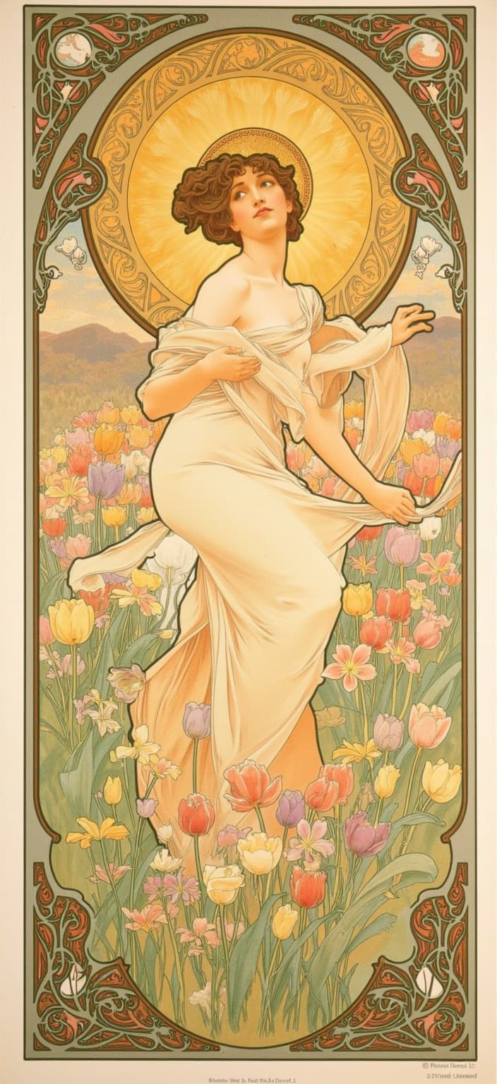 mucha, In the enriched art painting, imagine a captivating scene where a goddess-like figure emerges gracefully from a lush bed of vibrant tulips and delicate crocuses. Her presence exudes an aura of rebirth and vitality, symbolic of springtime energy. A resplendent golden halo encircles her head, radiating Art Nouveau sun rays that seem to dance around her, casting a warm, ethereal glow.
Her flowing gown, adorned with intricate decorative patterns, blends harmoniously with the natural motifs surrounding her. Sinuous vines and blooming flowers wrap around her form, creating an enchanting connection between the divine and the earthly. The soft, yet vivid palette draws inspiration from Alphonse Mucha's signature delicate colors, weaving exuberant floral motifs into the very essence of the painting.
The background is a dreamlike tapestry of finely stylized elements, featuring gentle celestial symbols that drift amidst a romantic atmosphere. The composition is beautifully framed within an elaborate ornamental border, resembling a grand Gothic window. This intricate frame, adorned with sweeping curves and delicate embellishments, cradles the artwork with its organic patterns, flowers, and celestial symbols, inviting viewers into a poetic realm where nature and human emotion are intertwined.
This stunning painting is centered perfectly to ensure that it translates into a crisp, clean digital wallpaper, making it an ideal choice for enhancing any digital space with its timeless beauty and enchanting allure.