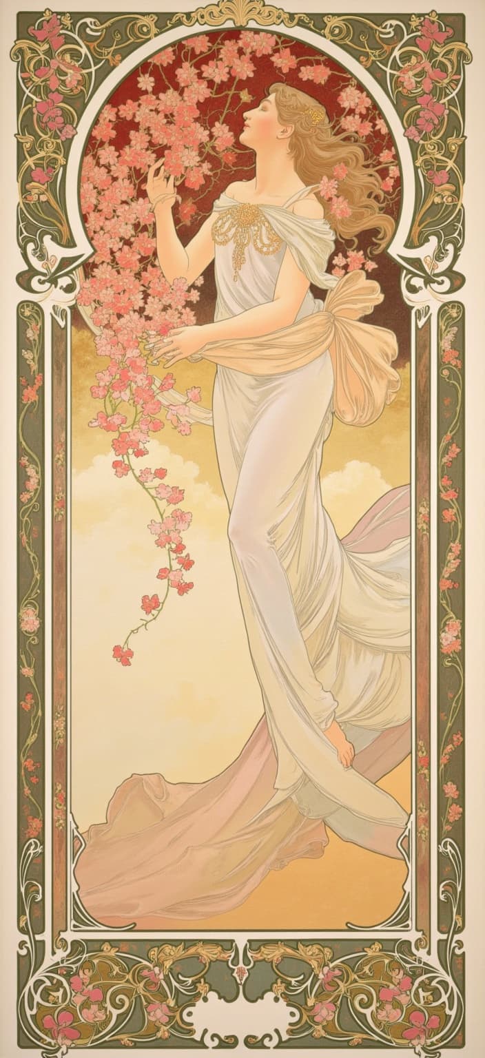 mucha, The painting captures a mesmerizing ballet-like pose midair, as a delicate fairy hovers gracefully, her wings caught in a spiral of vibrant petals. Her flowing robes seamlessly blend into a swirling wind of cherry blossoms, creating a captivating visual symphony. Inspired by the style of Mucha, the artwork features flowing, organic lines, intricate decorative patterns, and a harmonious blend of natural motifs such as flowers, vines, and celestial elements. Set against a highly stylized background, the scene unfolds with a dreamlike, romantic aesthetic, seamlessly merging fine art with design.
Delicate colors and exuberant floral motifs are enriched with Mucha’s signature blend, composed of sinuous vines, blooming flowers, and subtle geometric patterns, enhancing the painting with a refined ornamental quality. The entire scene is elegantly enclosed within an elaborate ornamental frame, reminiscent of a grand Gothic window, with sweeping curves and detailed embellishments. This intricate border is adorned with organic patterns, flowers, and celestial symbols, serving as a visual unifier and gateway into a dreamlike realm where nature and human emotion intertwine in poetic harmony.
Designed specifically for digital wallpaper, the composition is centered perfectly to ensure a crisp, clean look, making it suitable for a captivating display in any digital space.