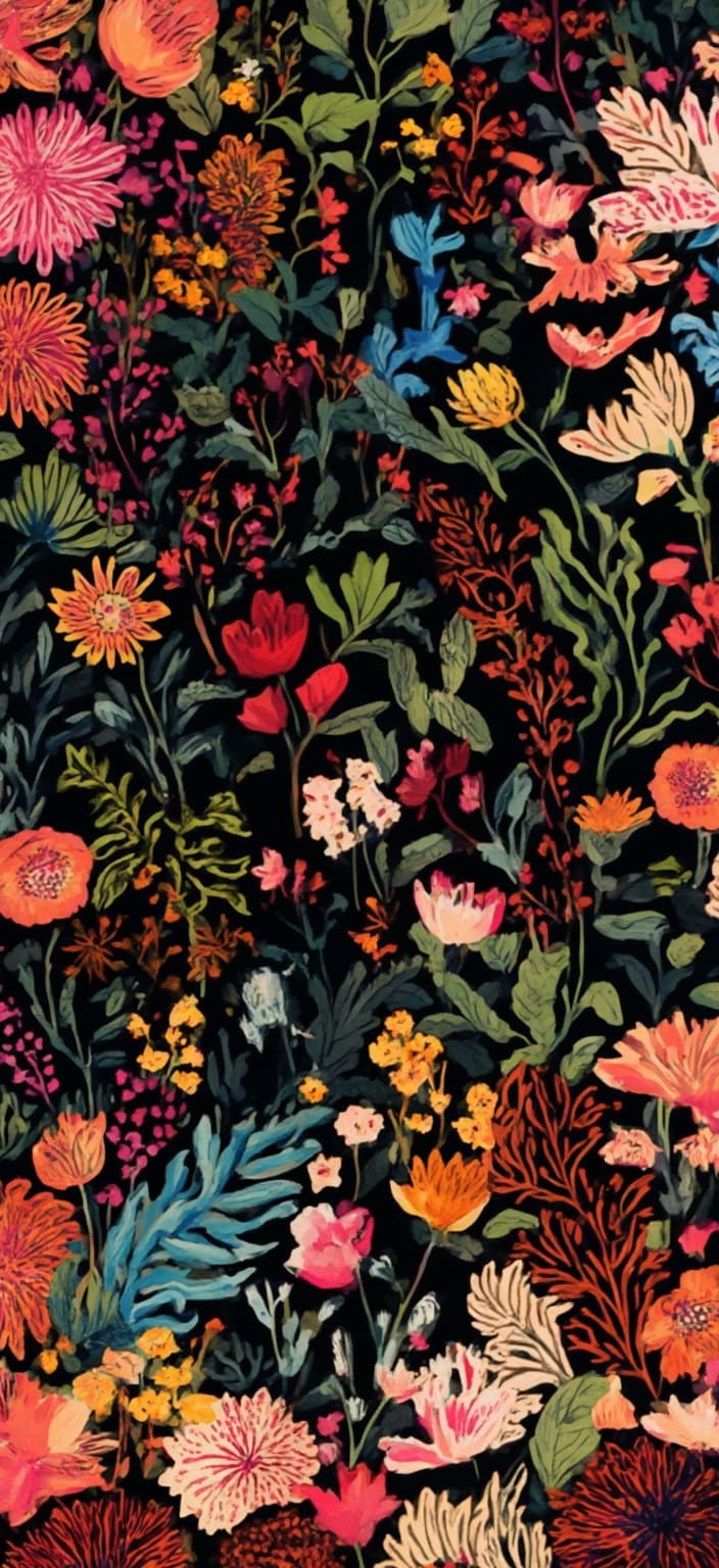 colorful_illustration, Enriched prompt:
Create a digital wallpaper featuring a striking and sophisticated dark color palette as its base, designed with a sense of aesthetic elegance. This artwork should draw inspiration from a vibrant and colorful illustration style that injects life into the dark backdrop through playful and dynamic elements. The composition should exude a hand-drawn feel, highlighted by a harmonious arrangement of organic shapes. Scattered throughout the canvas are decorative elements, including various types of leaves and floral motifs, each artfully placed to contribute to the free-flowing natural essence of the design.
The wallpaper's style should incorporate a lavish, decorative approach with an intricate composition. It should blend bold organic shapes with delicate details to create depth and movement within the image. Use scattered ornamental features such as dots, swirls, and abstract motifs to add a layer of intricacy. The luxurious layering of colors and patterns will be key in evoking a sense of depth and dynamic energy, reminiscent of Scandinavian folk art and mid-century botanical prints. This enriched design will ensure the wallpaper is not only aesthetically pleasing but also suitable as a prominent digital piece, perfect for printing.