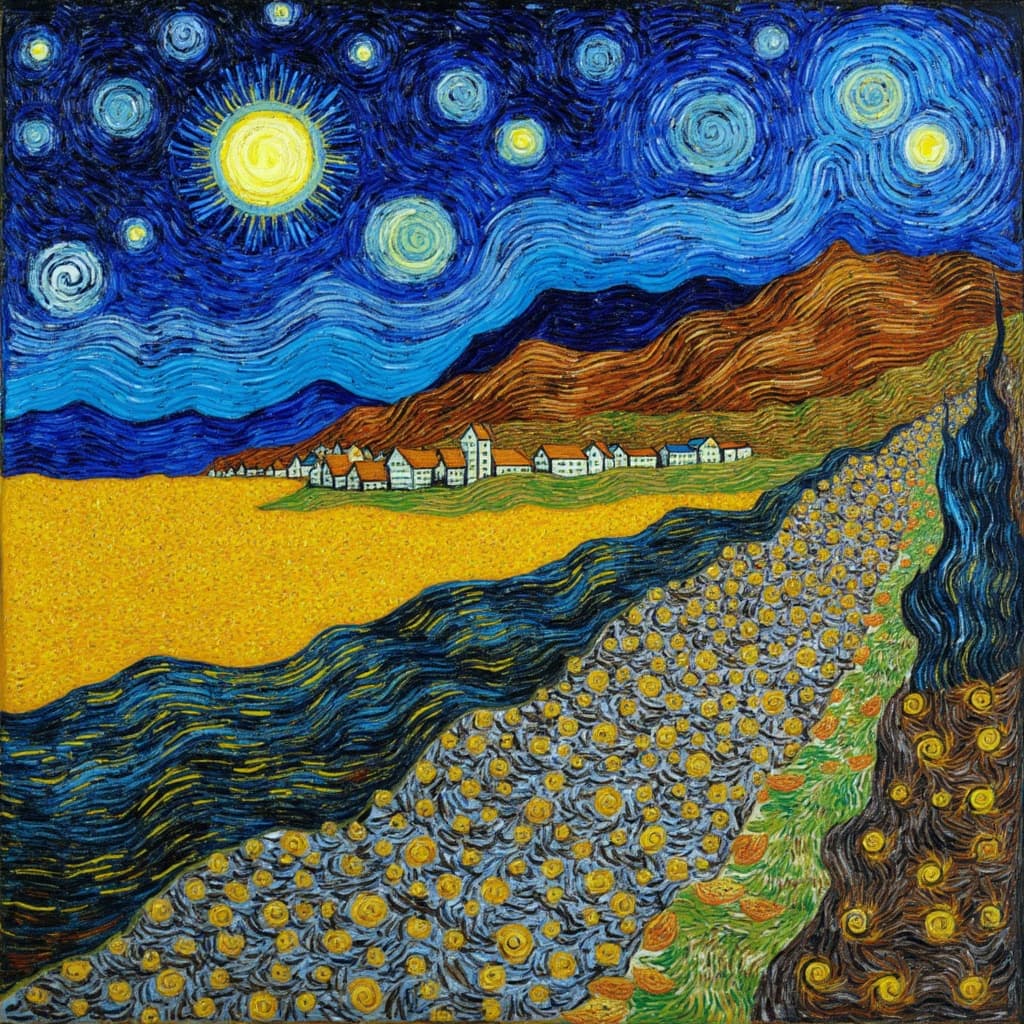van_gogh, **Enriched Prompt:**
Envision a starry night enveloping a serene village, painted with intense color and dynamic brushwork that brings a bold, expressive composition to life. The scene is bathed in vivid, rich colors applied in thick, impasto layers, creating a palpable sense of movement and emotional depth that draws the viewer in. Imagine bold complementary color contrasts of deep blues swirling against bright oranges, and shimmering yellows juxtaposed with deep purples, all working together to heighten the visual impact and intensity of the scene.
The sky is a symphony of swirling, curly, flame-like patterns, capturing the rhythmic and pulsating quality of a starry night. Energetic and loose brushstrokes convey a sense of motion and vitality as if the stars themselves are alive, dancing in harmony with the tranquil landscape below. The village rests peacefully under this dynamic canopy, its quiet charm accentuated by the vigorous, linear patterns that weave through the painting, infusing it with life and urgency.
This work is infused with raw emotion, a painting that speaks both to personal introspection and a universal human experience, making it compelling and evocative. The image is perfectly centered to ensure a crisp, clean look, ideal for transforming into a stunning piece of wall-art that captivates and inspires all who behold it.