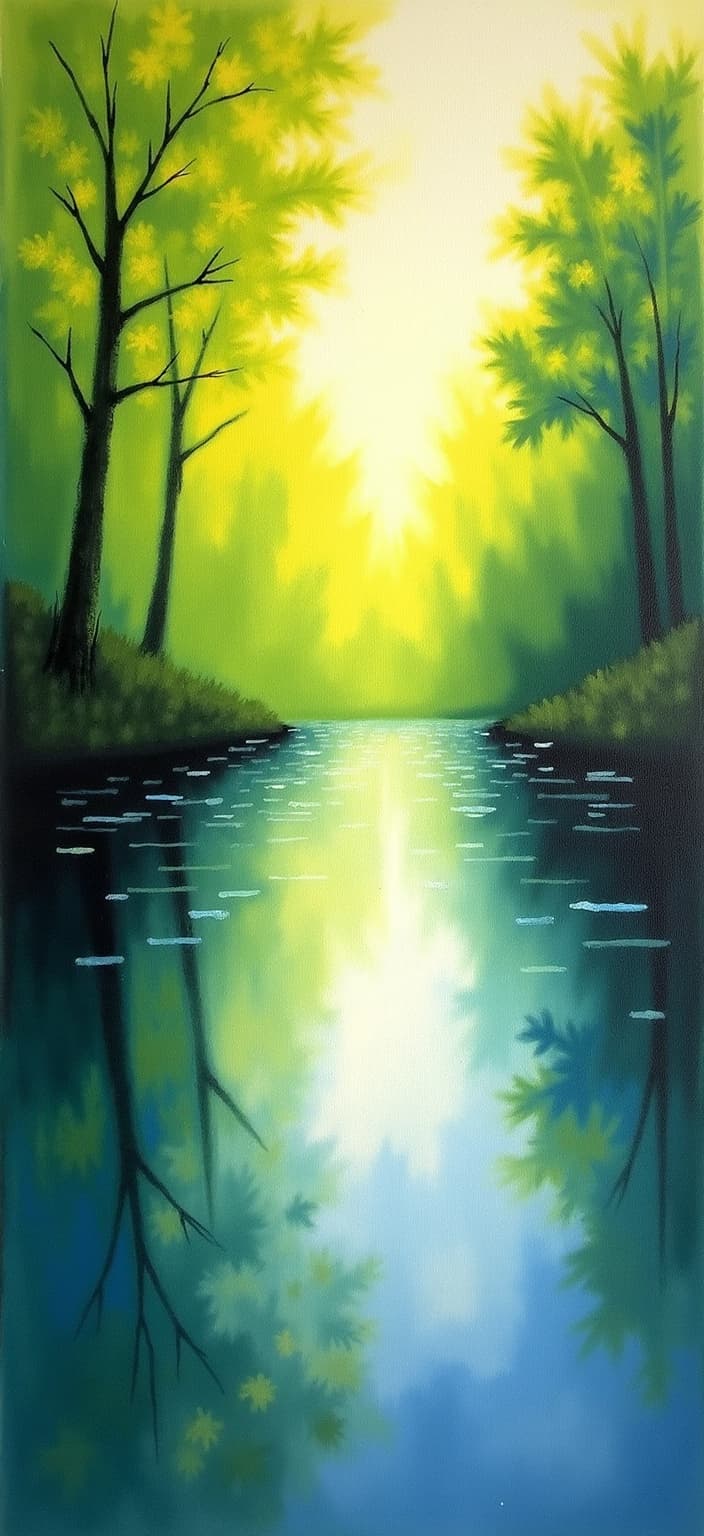 rothko, Enriched prompt: Imagine a captivating painting that brings to life a gentle stream flowing peacefully through a vibrant spring forest. This serene scene is painted in a style that uses a complex layering of translucent colors, allowing light to filter through, creating a sense of “inner light” and remarkable luminosity. The light sparkles gracefully on the water's surface, enhancing the relaxing mood of the painting. At close range, the colors within the artwork seem to melt and fuse together, with blurred boundaries between the shapes. From a distance, soft-edged rectangles of color hover weightlessly, resembling floating zones of color across the canvas. The richly varied surfaces within the painting feature paint drips or strokes that run in unconventional directions, adding to the dynamic composition. This image is meticulously centered to ensure a crisp, clean look, making it an ideal piece for digital-wallpaper, providing a tranquil escape into nature's embrace on any screen.