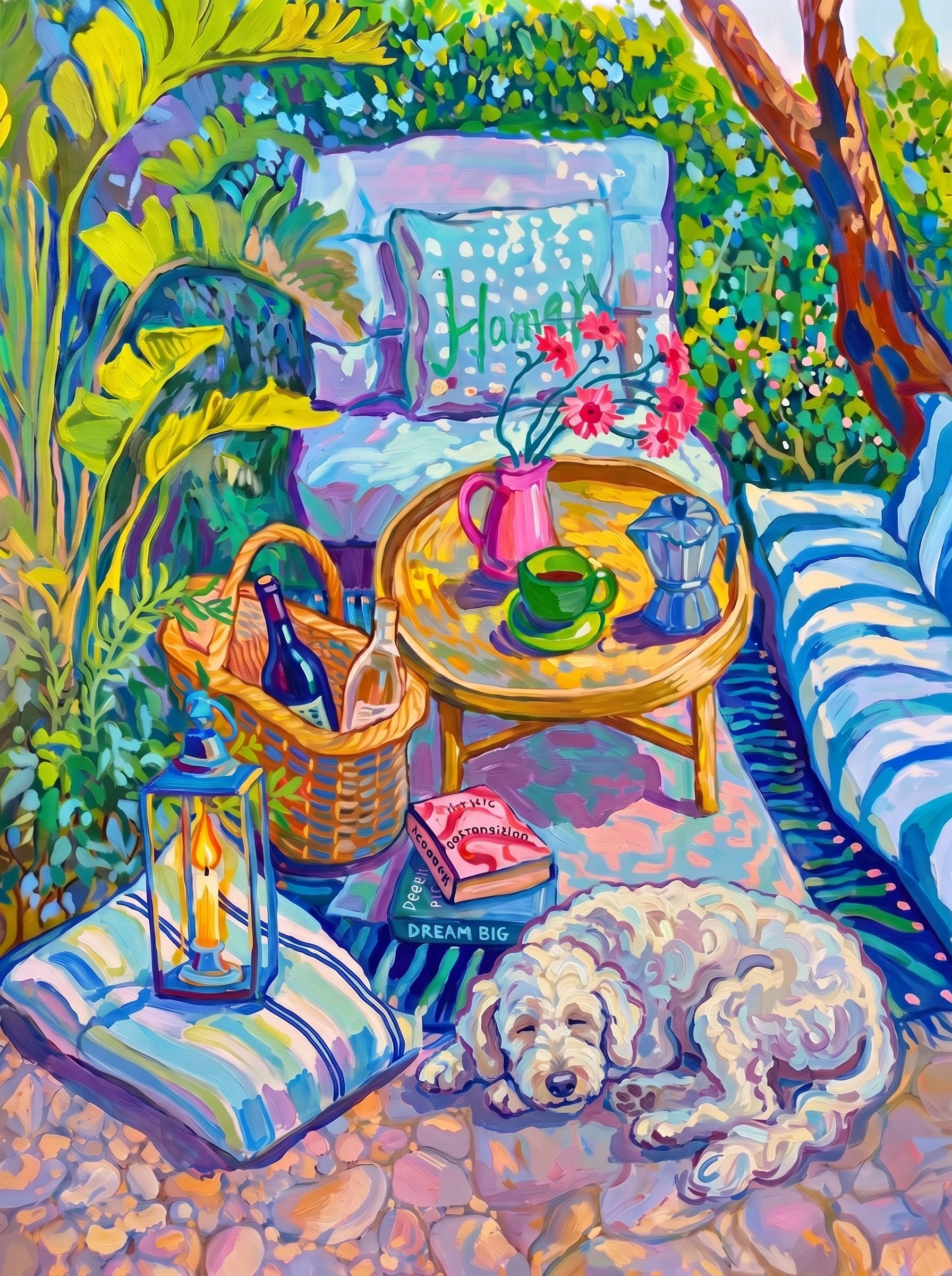 a cozy garden patio filled with lush tropical greenery, blue-and-white striped cushions, a round rattan table, picnic basket, lantern, books, flowers.
The pet is lazily resting in the foreground, almost fall asleep with a relaxed and content expression.
The composition feels intimate and inviting, with foliage and a tree trunk framing the scene, the circular table anchoring the center, and expressive brushwork plus dappled light creating a lively, relaxed outdoor atmosphere.
Art Style: Paint in Fauvism, post-impressionism style. Use simplified shapes, exaggerates color, and flattens perspective to create charm and personality.
Use saturated, non-naturalistic colors and flattened perspective reminiscent of Henri Matisse.
The brushwork is loose, visible, and painterly, with uneven strokes that give the surface texture and movement.
Paint with large areas of flat color patches, simplified shapes, bold decorative outlines, and minimal blending.
The composition is flattened and slightly distorted, with compressed perspective.
The painting is expressive, utilizing thick, confident strokes and quick, rhythmic marks that prioritize texture and visual energy over realistic blending or depth.
