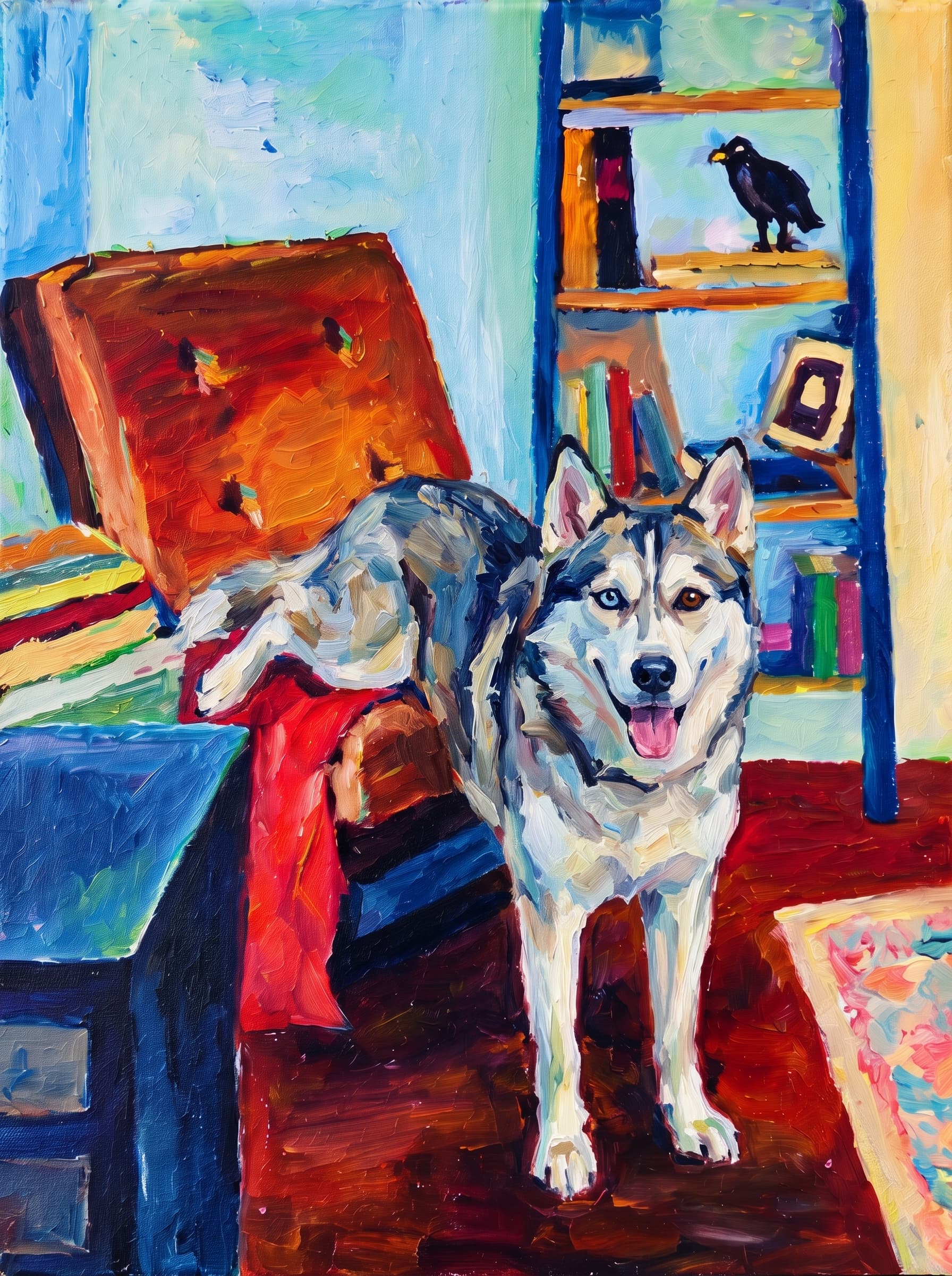 An oil painting in an Impressionist impasto style depicts a warm, cozy indoor space centered around a large, reclined armchair featuring a brown tufted cushion and a vivid red blanket draped across its seat.
Behind the chair stands a rich blue bookshelf adorned with colorful books, a picture frame, and a dark bird figurine perched on the top shelf.
To the left, a matching blue side table holds stacked books, while the room's floor glows in deep mahogany and amber hues alongside a patterned pastel rug.
The vibrant composition is completed by a background of soft turquoise, sky blue, and buttery yellow wall tones, all rendered with thick, visible brushstrokes that lend a lively texture to the scene.
The pet is standing upright on its two front legs, which rest on the dark reddish floor in the foreground. Its rear legs and body are elevated, resting on the seat of the brown reclined armchair, draped over the red blanket.
Paint the pet with the same thick impasto brushstrokes and vivid palette as the rest of the painting.