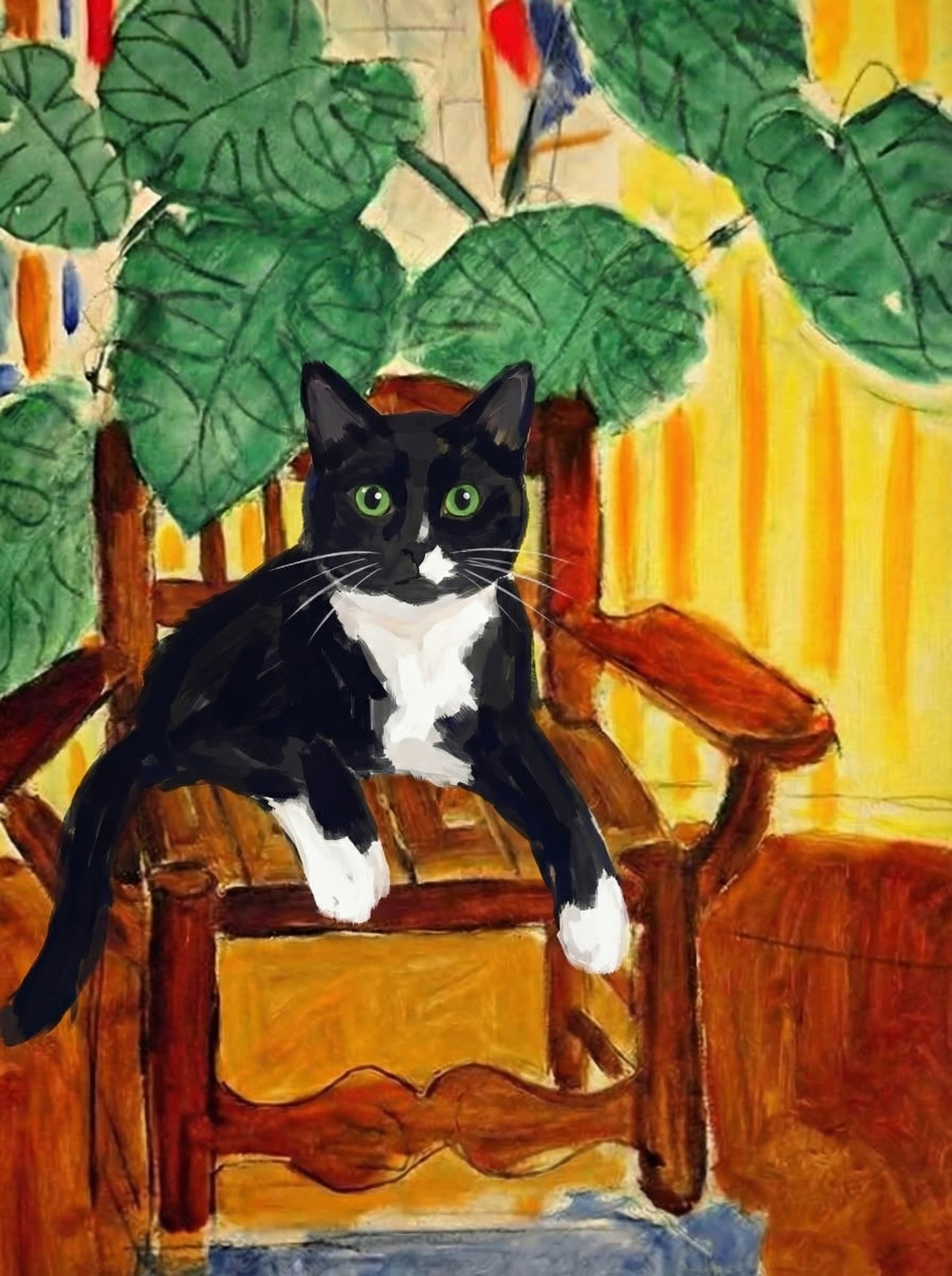 A pet sitting on a brown chair, looking at the viewer. Colors are applied with minimal blending, creating a flat, illustrative feel. The brushwork is broad, rapid, and direct. Strokes are loose, visible, applied thinly, defining the forms quickly without building up significant physical texture or impasto on the surface.