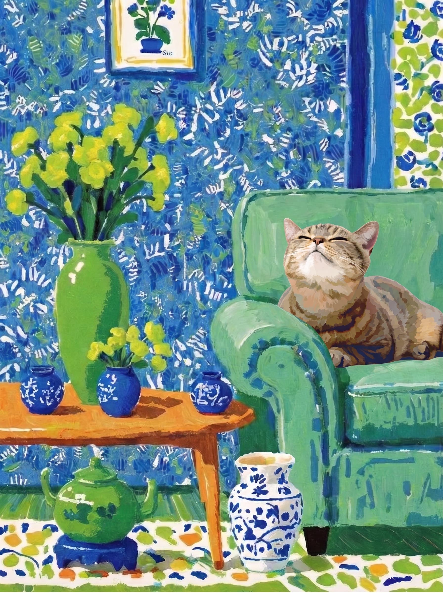 A pet lazy lying on the couch, with head tilt on the edge of couch, eye looking at the the vase. Art Style: Paint in Fauvism, post-impressionism style. Use simplified shapes, exaggerates color, and flattens perspective to create charm and personality.
Use saturated, non-naturalistic colors and flattened perspective reminiscent of Henri Matisse.
The brushwork is loose, visible, and painterly, with uneven strokes that give the surface texture and movement.
Paint with large areas of flat color patches, simplified shapes, bold decorative outlines, and minimal blending.
The composition is flattened and slightly distorted, with compressed perspective.
The painting is expressive, utilizing thick, confident strokes and quick, rhythmic marks that prioritize texture and visual energy over realistic blending or depth.