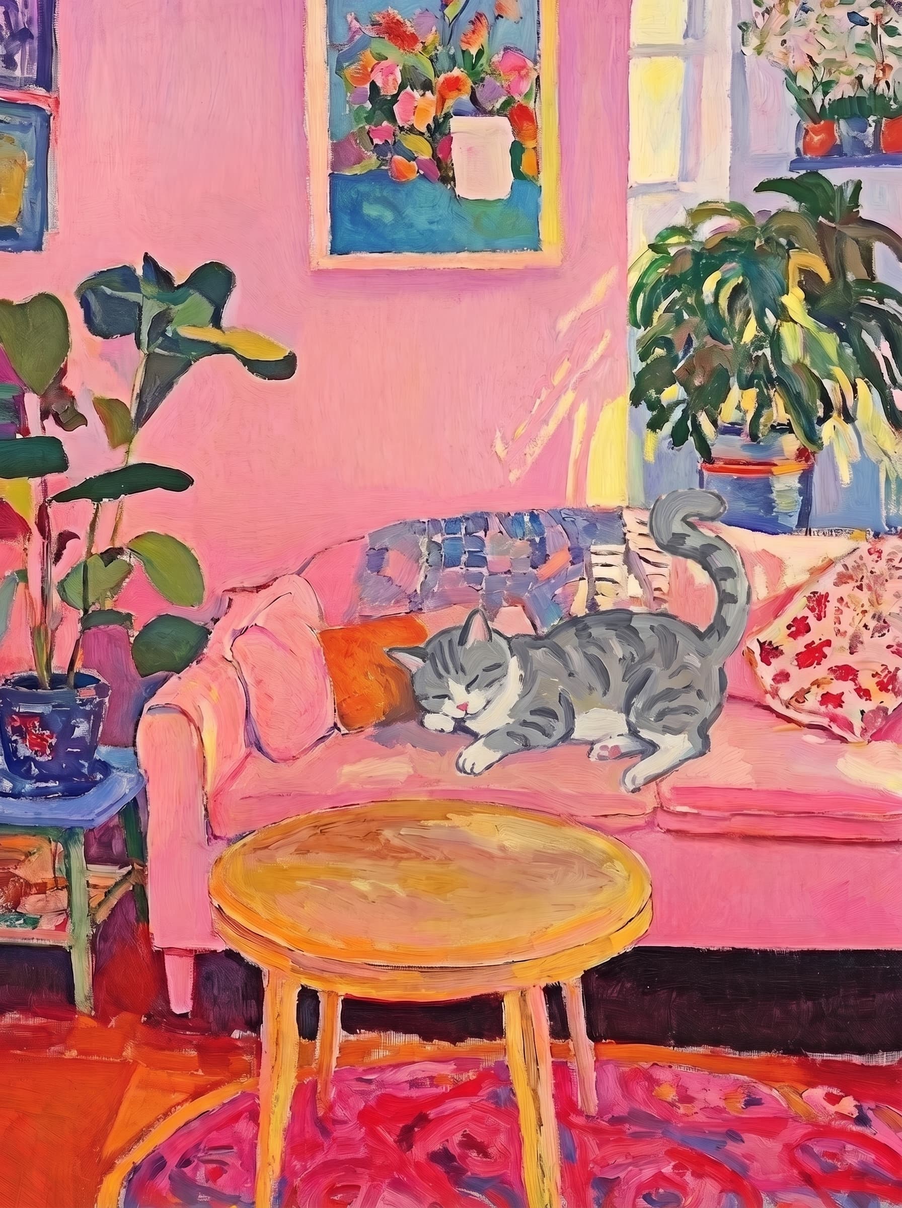 The painting shows a cozy, colorful interior with a warm pink wall and a large pink sofa in the foreground.
The pet is resting lazily on a bright pink velvet sofa. The pet’s looked completely relaxed and content.
The overall mood is cheerful and intimate, with bold outlines, visible brushstrokes, and slightly simplified forms.
Art Style: Paint in Fauvism, post-impressionism style. Use simplified shapes, exaggerates color, and flattens perspective to create charm and personality.
Use saturated, non-naturalistic colors and flattened perspective reminiscent of Henri Matisse.
The brushwork is loose, visible, and painterly, with uneven strokes that give the surface texture and movement.
Paint with large areas of flat color patches, simplified shapes, bold decorative outlines, and minimal blending.
The composition is flattened and slightly distorted, with compressed perspective.
The painting is expressive, utilizing thick, confident strokes and quick, rhythmic marks that prioritize texture and visual energy over realistic blending or depth.