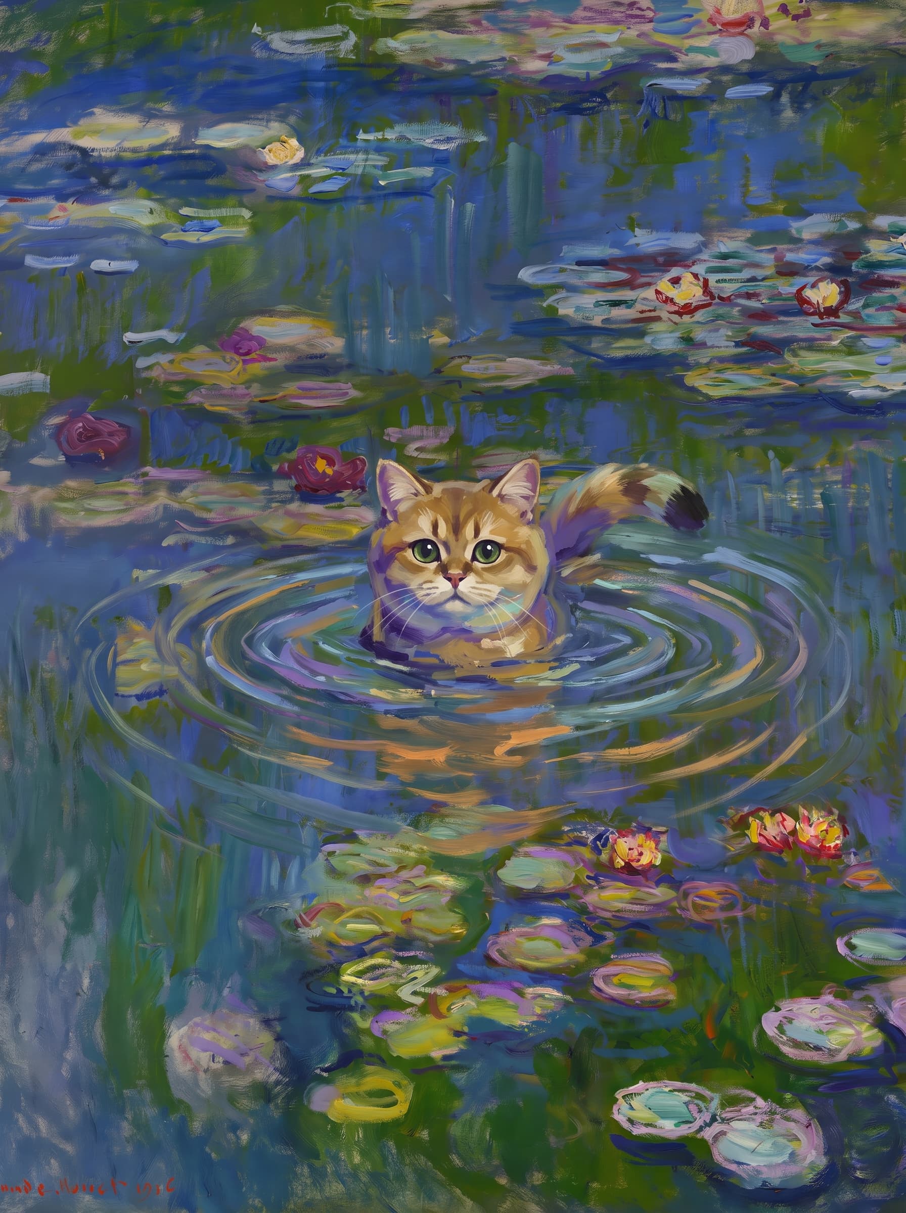 The pet should appear naturally integrated into the middle of the pond, swimming calmly through the water with only its head, upper neck, and a subtle suggestion of its back visible above the surface.
The pet should be facing forward and looking directly at the viewer. Its wet fur should be suggested through painterly strokes.
Blend the pet into the scene using Monet-like impressionist oil painting techniques: visible layered brushstrokes, soft broken color, blue-green reflections, violet shadows, golden-orange highlights, and shimmering ripples around the pet.
The water should partially obscure the pet’s body, with delicate circular ripples spreading outward. Nearby lily pads and water lilies should remain undisturbed but subtly interact with the ripples.
The pet must feel like it was originally painted into the artwork, not pasted on top. Match the atmospheric softness, painterly texture, scale, perspective, and color harmony of the original Water Lilies painting.
Avoid photorealism, sharp outlines, modern digital effects, or excessive detail. The final image should look like a whimsical impressionist oil painting in the spirit of late Monet, with the pet quietly swimming among the lily pads at the center of the pond.
Art Style: Paint in Fauvism, post-impressionism style. Use simplified shapes, exaggerates color, and flattens perspective to create charm and personality.
Use saturated, non-naturalistic colors and flattened perspective reminiscent of Henri Matisse.
The brushwork is loose, visible, and painterly, with uneven strokes that give the surface texture and movement.
Paint with large areas of flat color patches, simplified shapes, bold decorative outlines, and minimal blending.
The composition is flattened and slightly distorted, with compressed perspective.
The painting is expressive, utilizing thick, confident strokes and quick, rhythmic marks that prioritize texture and visual energy over realistic blending or depth.