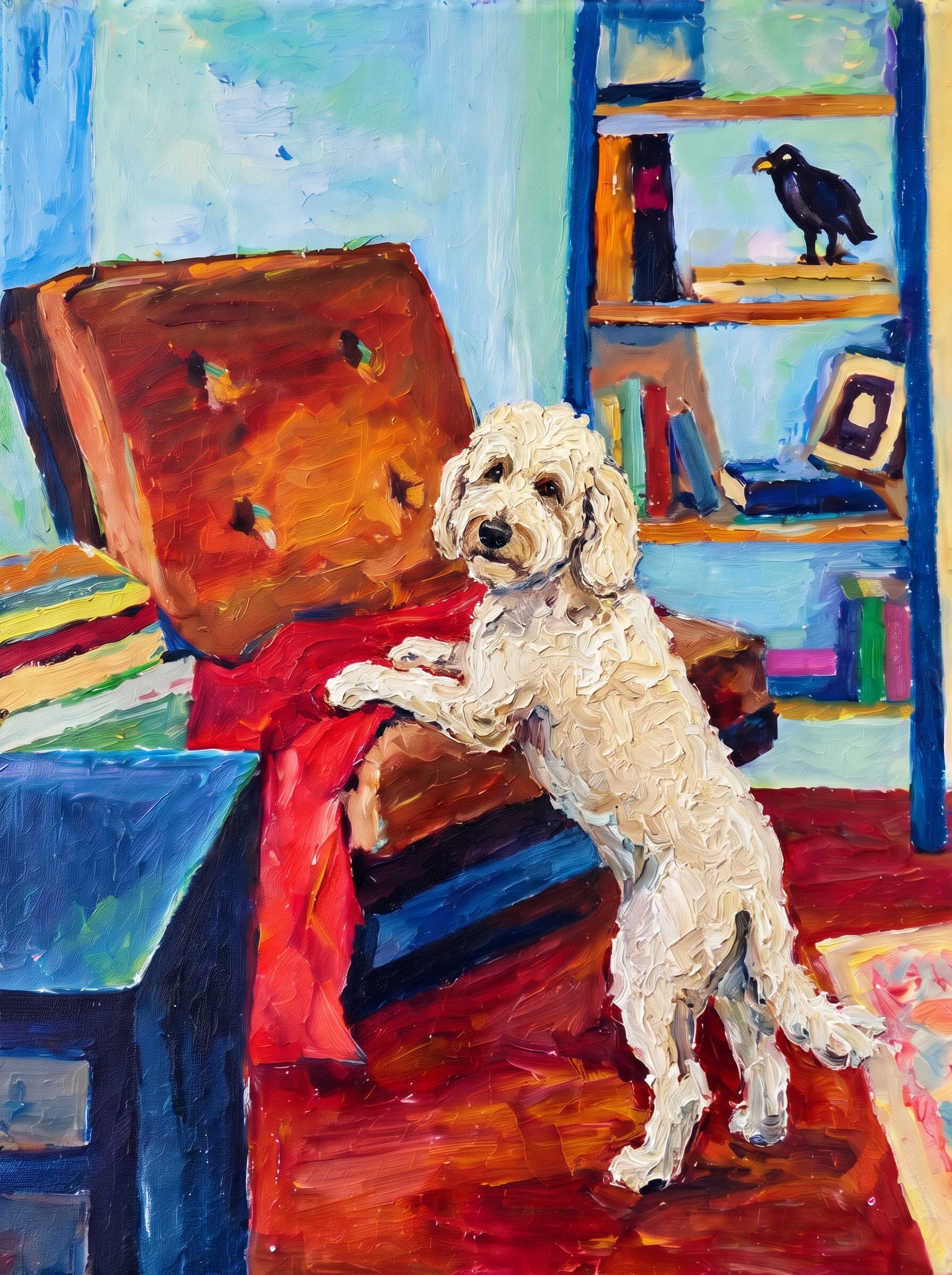 An oil painting in an Impressionist impasto style depicts a warm, cozy indoor space centered around a large, reclined armchair featuring a brown tufted cushion and a vivid red blanket draped across its seat.
Behind the chair stands a rich blue bookshelf adorned with colorful books, a picture frame, and a dark bird figurine perched on the top shelf.
To the left, a matching blue side table holds stacked books, while the room's floor glows in deep mahogany and amber hues alongside a patterned pastel rug.
The vibrant composition is completed by a background of soft turquoise, sky blue, and buttery yellow wall tones, all rendered with thick, visible brushstrokes that lend a lively texture to the scene.
The pet is standing upright on its two front legs, which rest on the dark reddish floor in the foreground. Its rear legs and body are elevated, resting on the seat of the brown reclined armchair, draped over the red blanket.
Paint the pet with the same thick impasto brushstrokes and vivid palette as the rest of the painting.