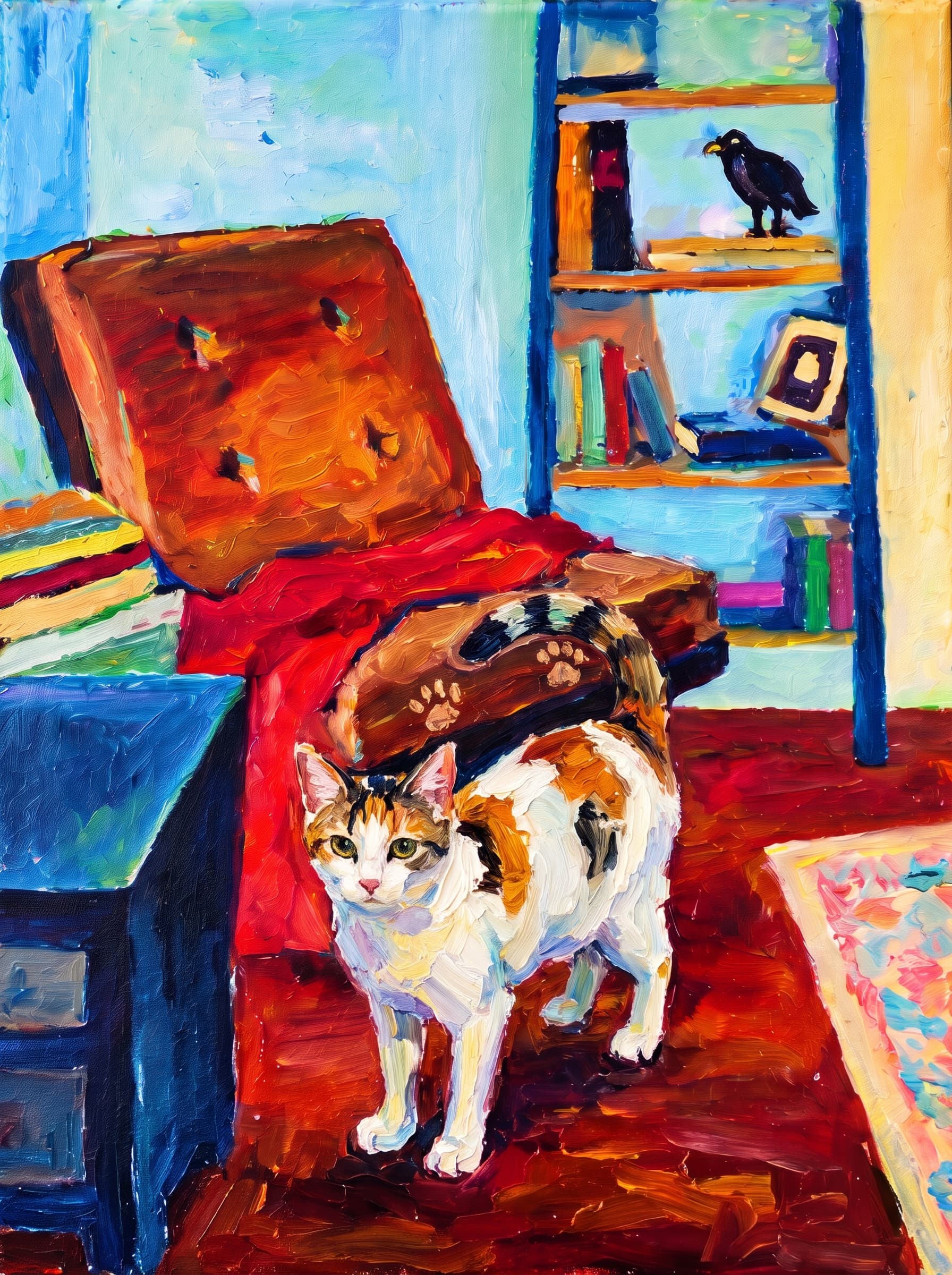 An oil painting in an Impressionist impasto style depicts a warm, cozy indoor space centered around a large, reclined armchair featuring a brown tufted cushion and a vivid red blanket draped across its seat.
Behind the chair stands a rich blue bookshelf adorned with colorful books, a picture frame, and a dark bird figurine perched on the top shelf.
To the left, a matching blue side table holds stacked books, while the room's floor glows in deep mahogany and amber hues alongside a patterned pastel rug.
The vibrant composition is completed by a background of soft turquoise, sky blue, and buttery yellow wall tones, all rendered with thick, visible brushstrokes that lend a lively texture to the scene.
The pet is standing upright on its two front legs, which rest on the dark reddish floor in the foreground. Its rear legs and body are elevated, resting on the seat of the brown reclined armchair, draped over the red blanket.
Paint the pet with the same thick impasto brushstrokes and vivid palette as the rest of the painting.