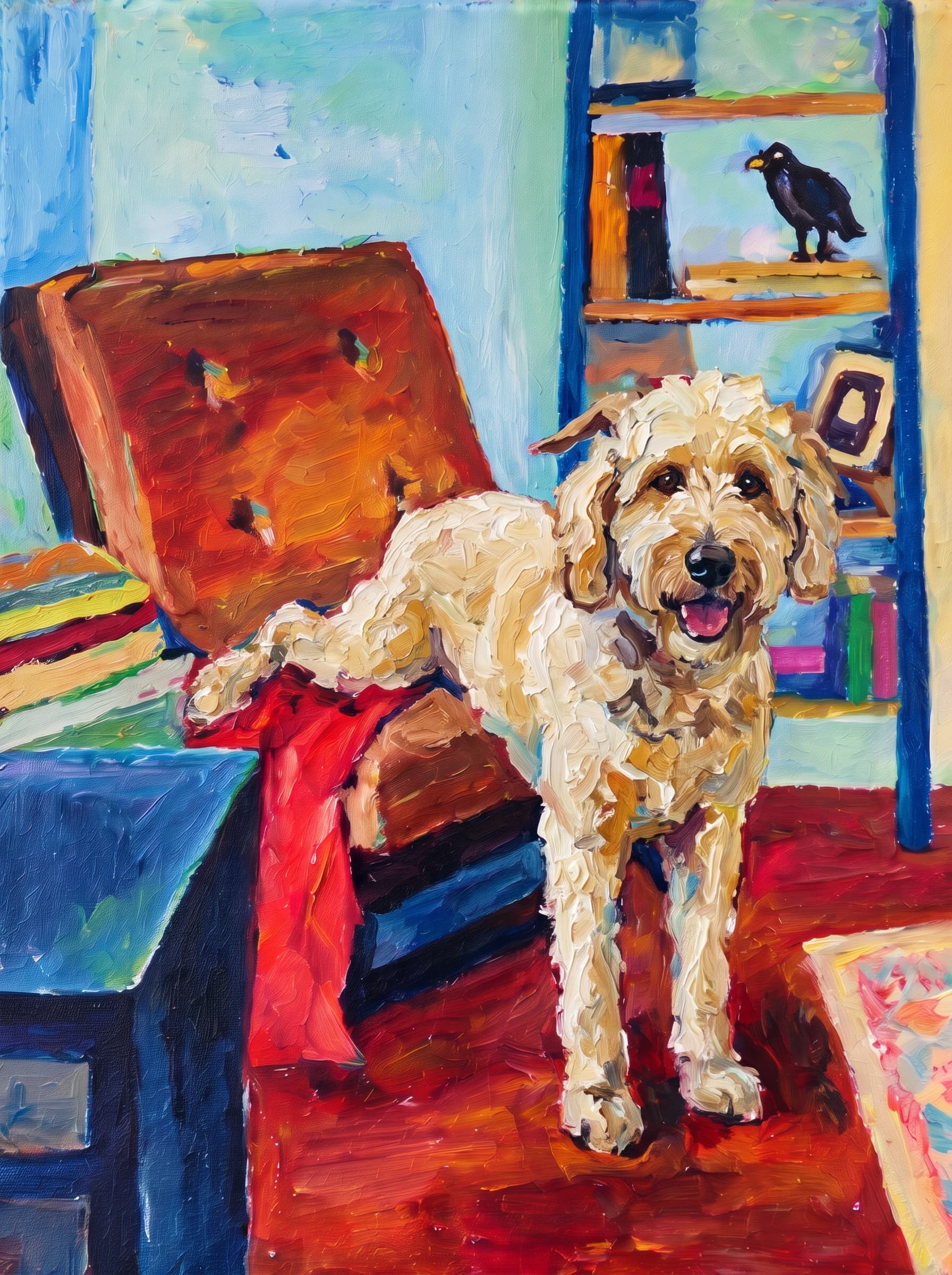 An oil painting in an Impressionist impasto style depicts a warm, cozy indoor space centered around a large, reclined armchair featuring a brown tufted cushion and a vivid red blanket draped across its seat.
Behind the chair stands a rich blue bookshelf adorned with colorful books, a picture frame, and a dark bird figurine perched on the top shelf.
To the left, a matching blue side table holds stacked books, while the room's floor glows in deep mahogany and amber hues alongside a patterned pastel rug.
The vibrant composition is completed by a background of soft turquoise, sky blue, and buttery yellow wall tones, all rendered with thick, visible brushstrokes that lend a lively texture to the scene.
The pet is standing upright on its two front legs, which rest on the dark reddish floor in the foreground. Its rear legs and body are elevated, resting on the seat of the brown reclined armchair, draped over the red blanket.
Paint the pet with the same thick impasto brushstrokes and vivid palette as the rest of the painting.