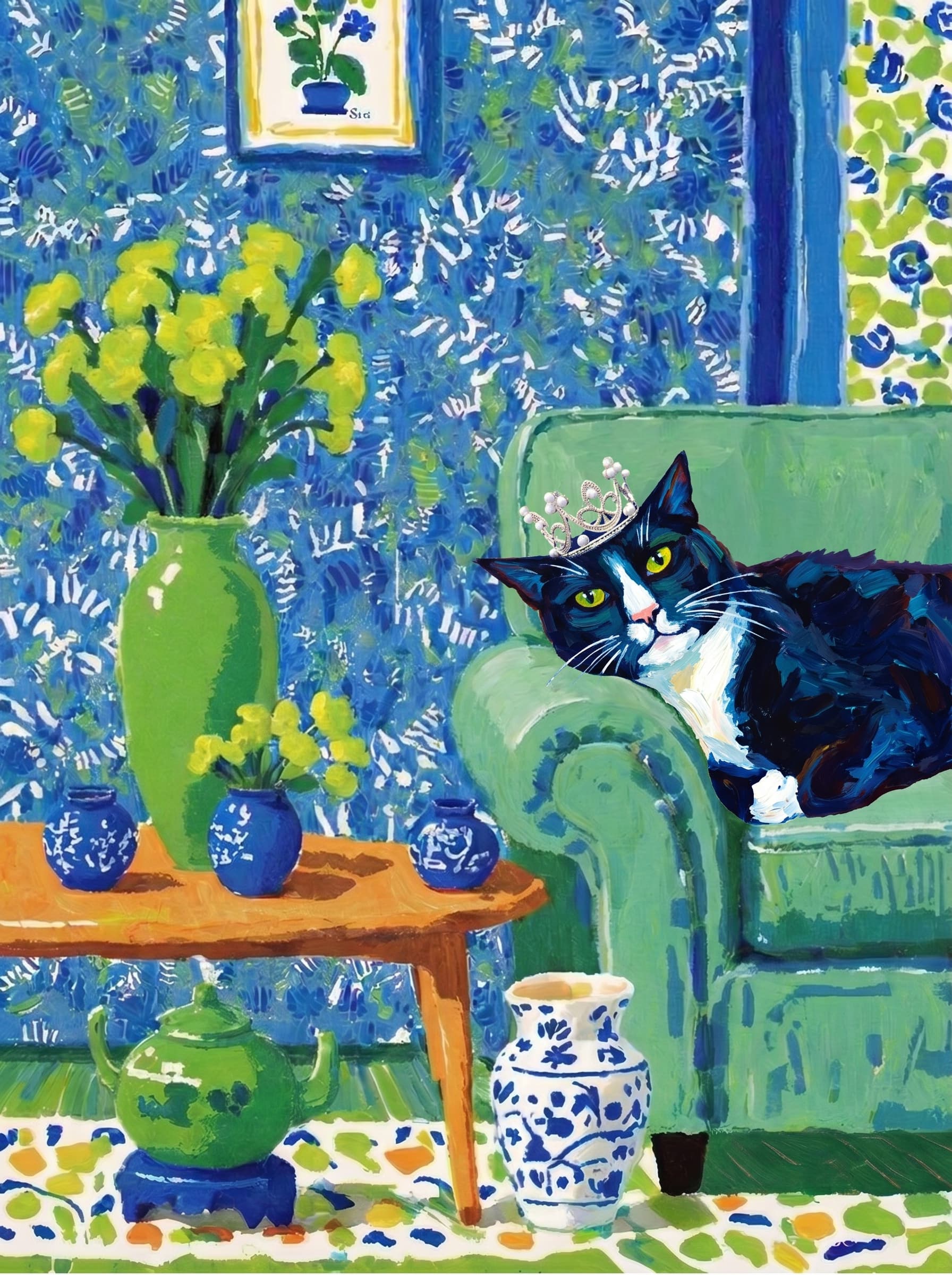 A pet lazy lying on the couch, with head tilt on the edge of couch, eye looking at the the vase. paint in post-impressionism style. Use saturated, non-naturalistic colors and flattened perspective reminiscent of Henri Matisse. painterly and expressive, utilizing thick, confident strokes and quick, rhythmic marks that prioritize texture and visual energy over realistic blending or depth.