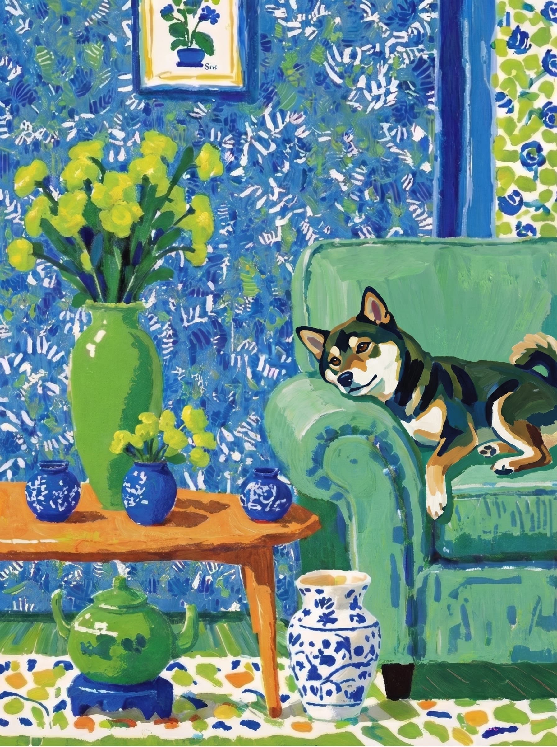 A pet lazy lying on the couch, with head tilt on the edge of couch, eye looking at the the vase. Art Style: Paint in Fauvism, post-impressionism style. Use simplified shapes, exaggerates color, and flattens perspective to create charm and personality.
Use saturated, non-naturalistic colors and flattened perspective reminiscent of Henri Matisse.
The brushwork is loose, visible, and painterly, with uneven strokes that give the surface texture and movement.
Paint with large areas of flat color patches, simplified shapes, bold decorative outlines, and minimal blending.
The composition is flattened and slightly distorted, with compressed perspective.
The painting is expressive, utilizing thick, confident strokes and quick, rhythmic marks that prioritize texture and visual energy over realistic blending or depth.