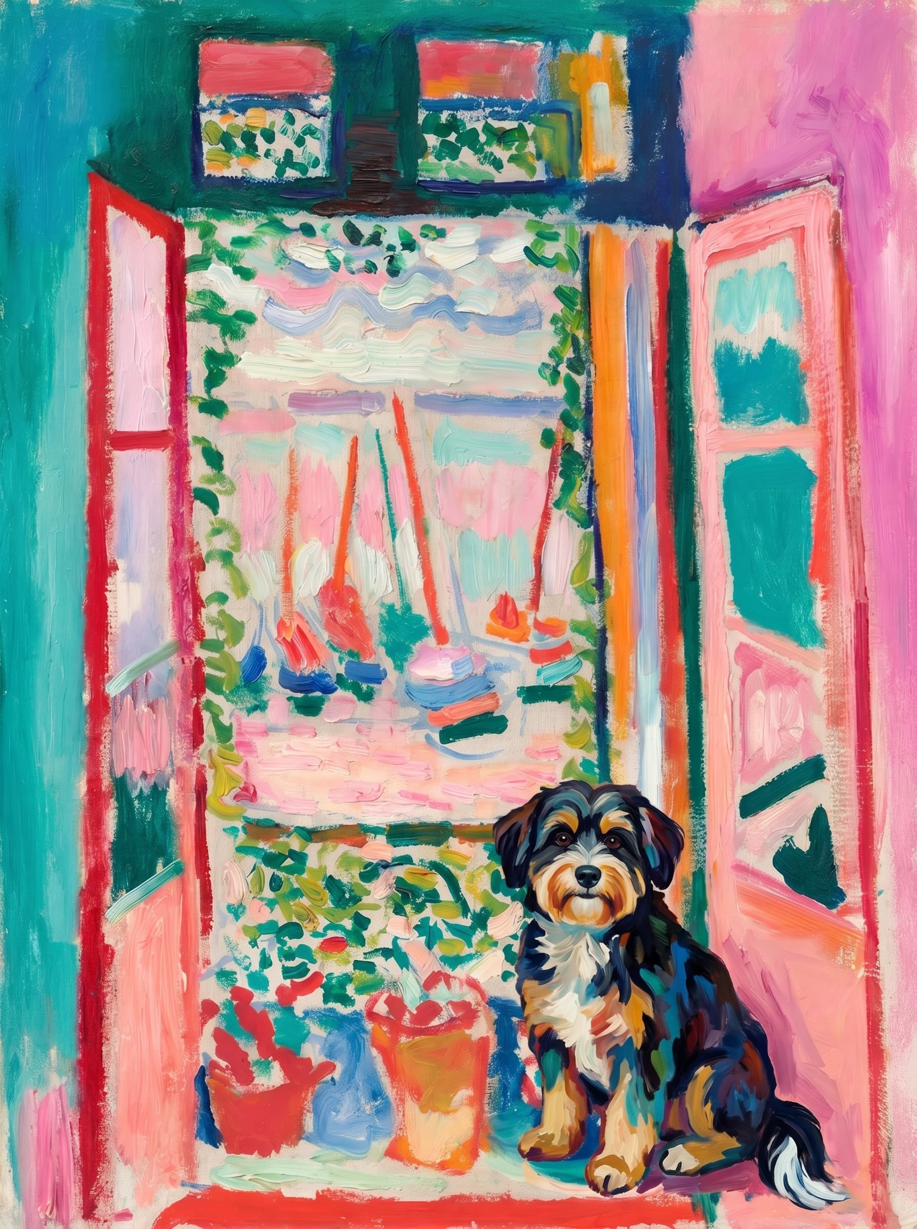 A pet sitting on the right bottom frame of an open door, with its back to the opening while facing the room, looking at the viewer, slight leaning on the right-side door panel. Paint in post-impressionism style. Use loosely painted, vibrantly colored, stylized, vertical painting.