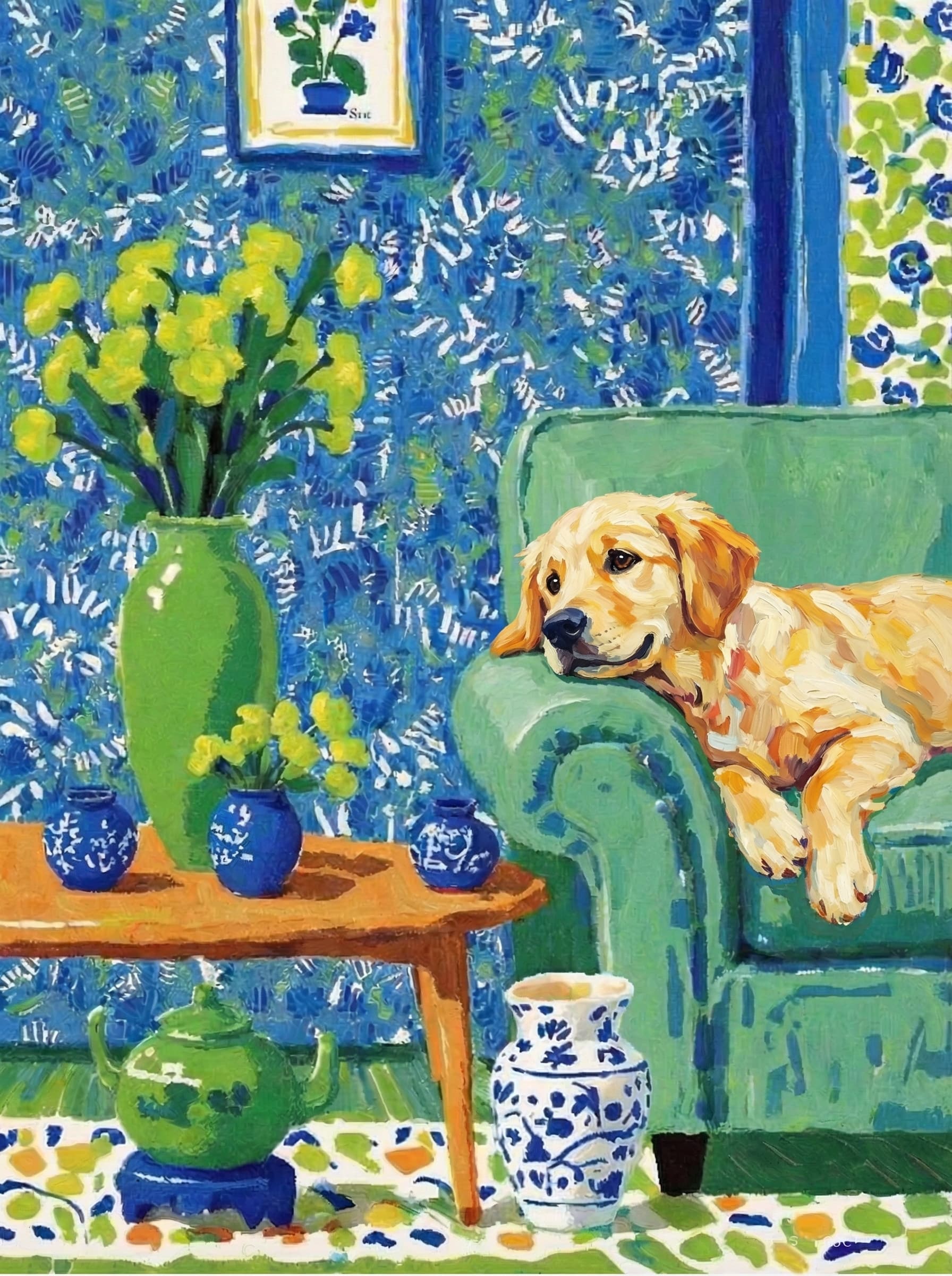 A pet lazy lying on the couch, with head tilt on the edge of couch, eye looking at the the vase. paint in post-impressionism style. Use saturated, non-naturalistic colors and flattened perspective reminiscent of Henri Matisse. painterly and expressive, utilizing thick, confident strokes and quick, rhythmic marks that prioritize texture and visual energy over realistic blending or depth.