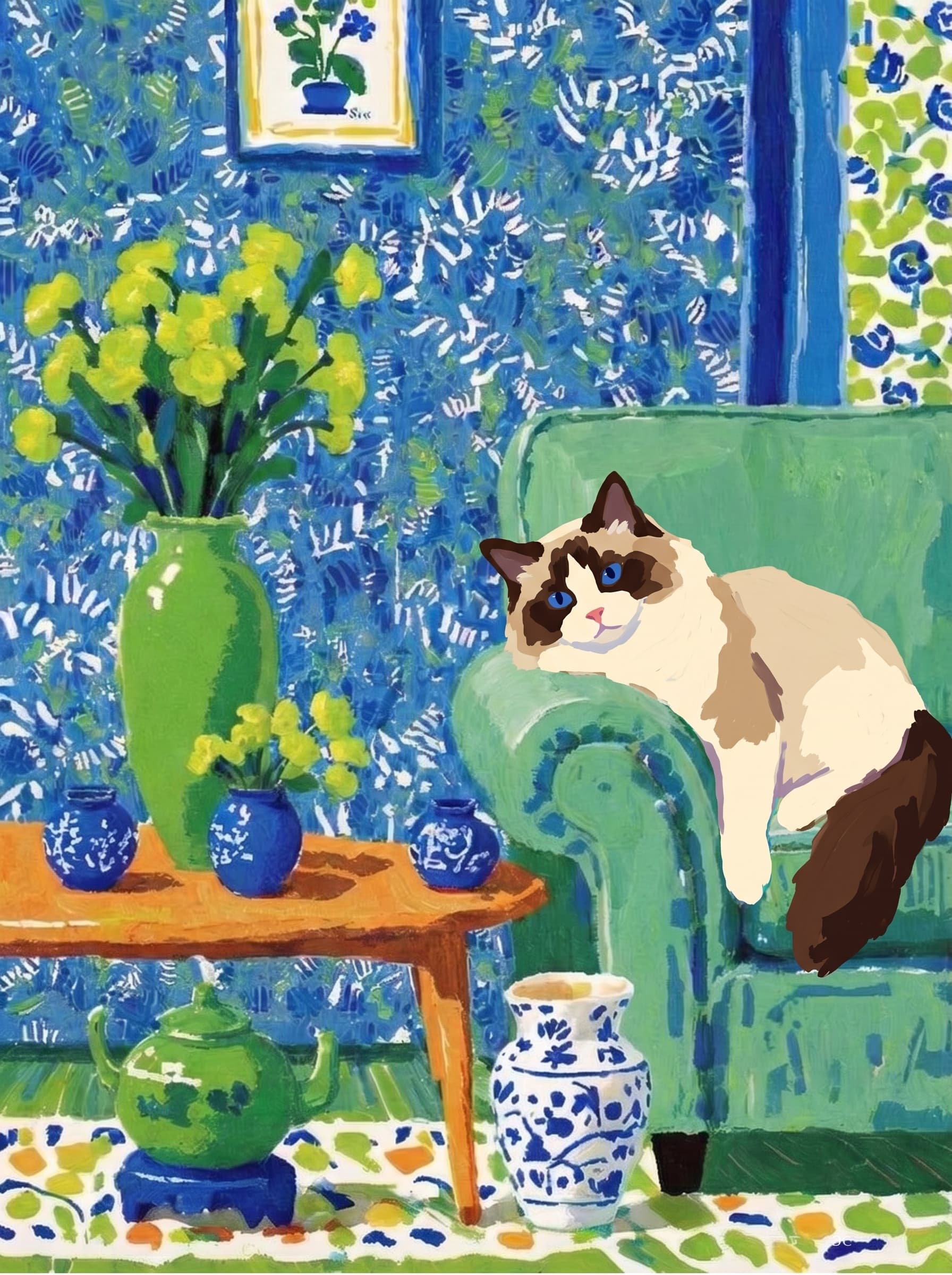 A pet lazy lying on the couch, with head tilt on the edge of couch, eye looking at the the vase. Art Style: Paint in Fauvism, post-impressionism style. Use simplified shapes, exaggerates color, and flattens perspective to create charm and personality.
Use saturated, non-naturalistic colors and flattened perspective reminiscent of Henri Matisse.
The brushwork is loose, visible, and painterly, with uneven strokes that give the surface texture and movement.
Paint with large areas of flat color patches, simplified shapes, bold decorative outlines, and minimal blending.
The composition is flattened and slightly distorted, with compressed perspective.
The painting is expressive, utilizing thick, confident strokes and quick, rhythmic marks that prioritize texture and visual energy over realistic blending or depth.