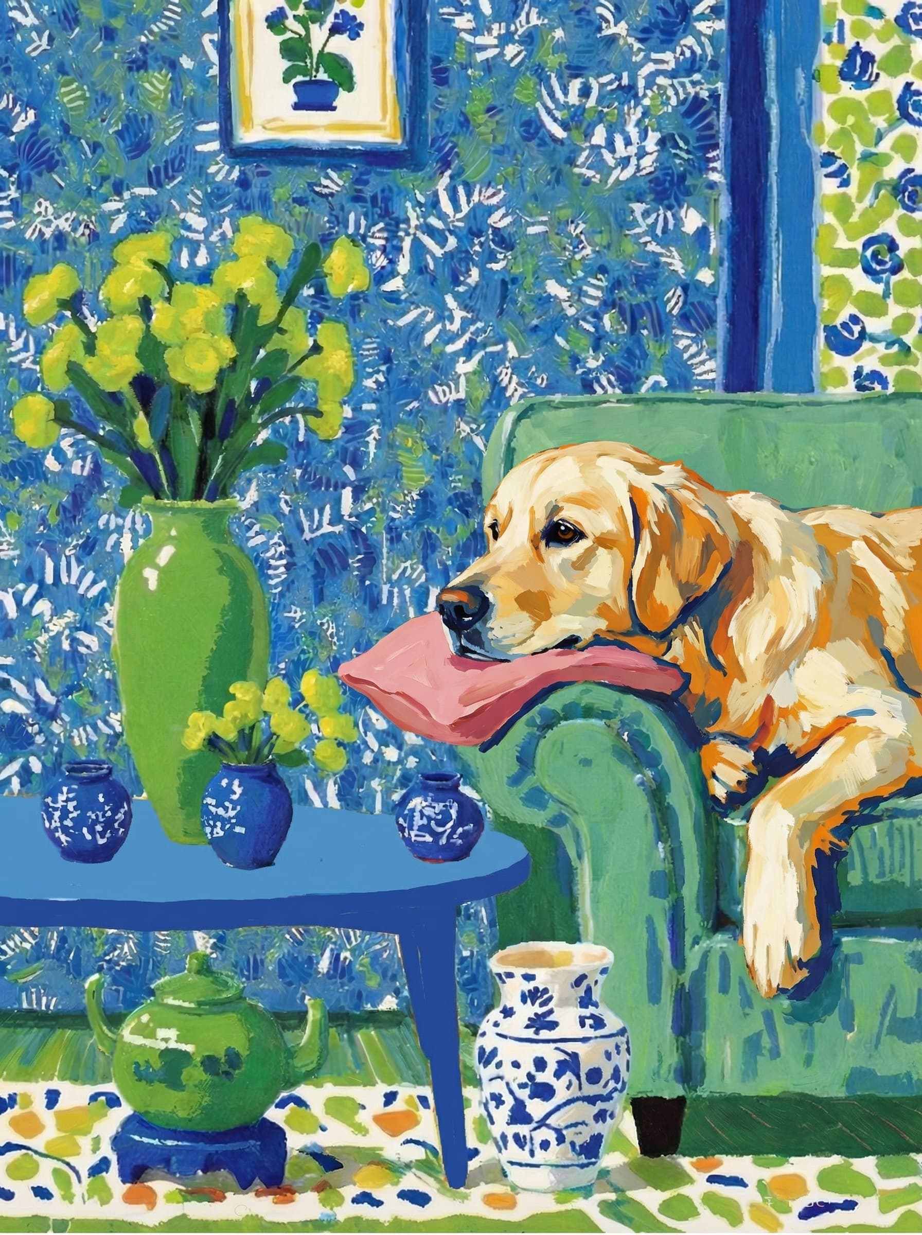 A pet lazy lying on the couch, with head tilt on the edge of couch, eye looking at the the vase. paint in post-impressionism style. Use saturated, non-naturalistic colors and flattened perspective reminiscent of Henri Matisse. painterly and expressive, utilizing thick, confident strokes and quick, rhythmic marks that prioritize texture and visual energy over realistic blending or depth.