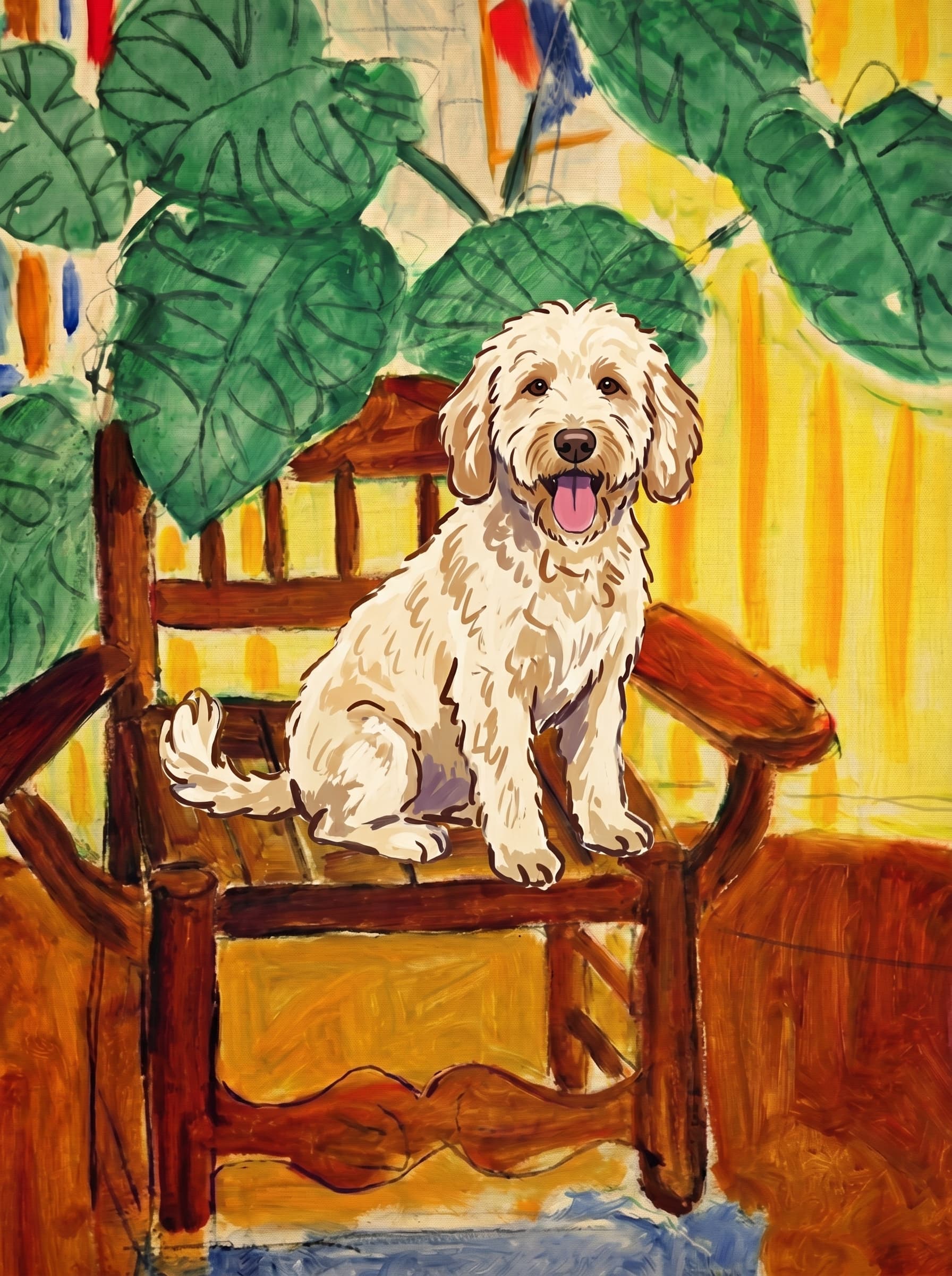 A pet sitting on a brown chair, looking at the viewer. Colors are applied with minimal blending, creating a flat, illustrative feel. The brushwork is broad, rapid, and direct. Strokes are loose, visible, applied thinly, defining the forms quickly without building up significant physical texture or impasto on the surface.