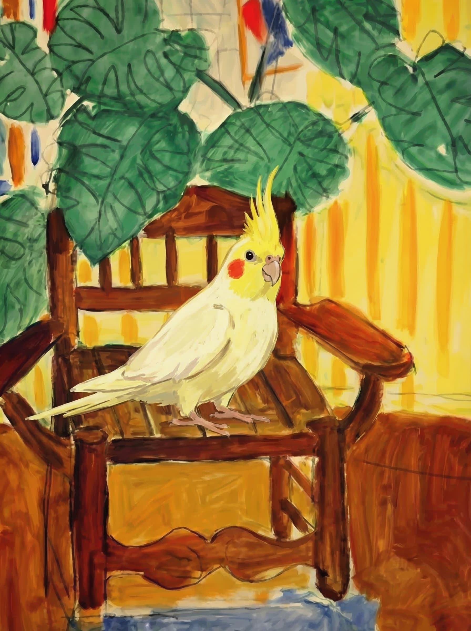 A pet sitting on a brown chair, looking at the viewer. Colors are applied with minimal blending, creating a flat, illustrative feel. The brushwork is broad, rapid, and direct. Strokes are loose, visible, applied thinly, defining the forms quickly without building up significant physical texture or impasto on the surface.