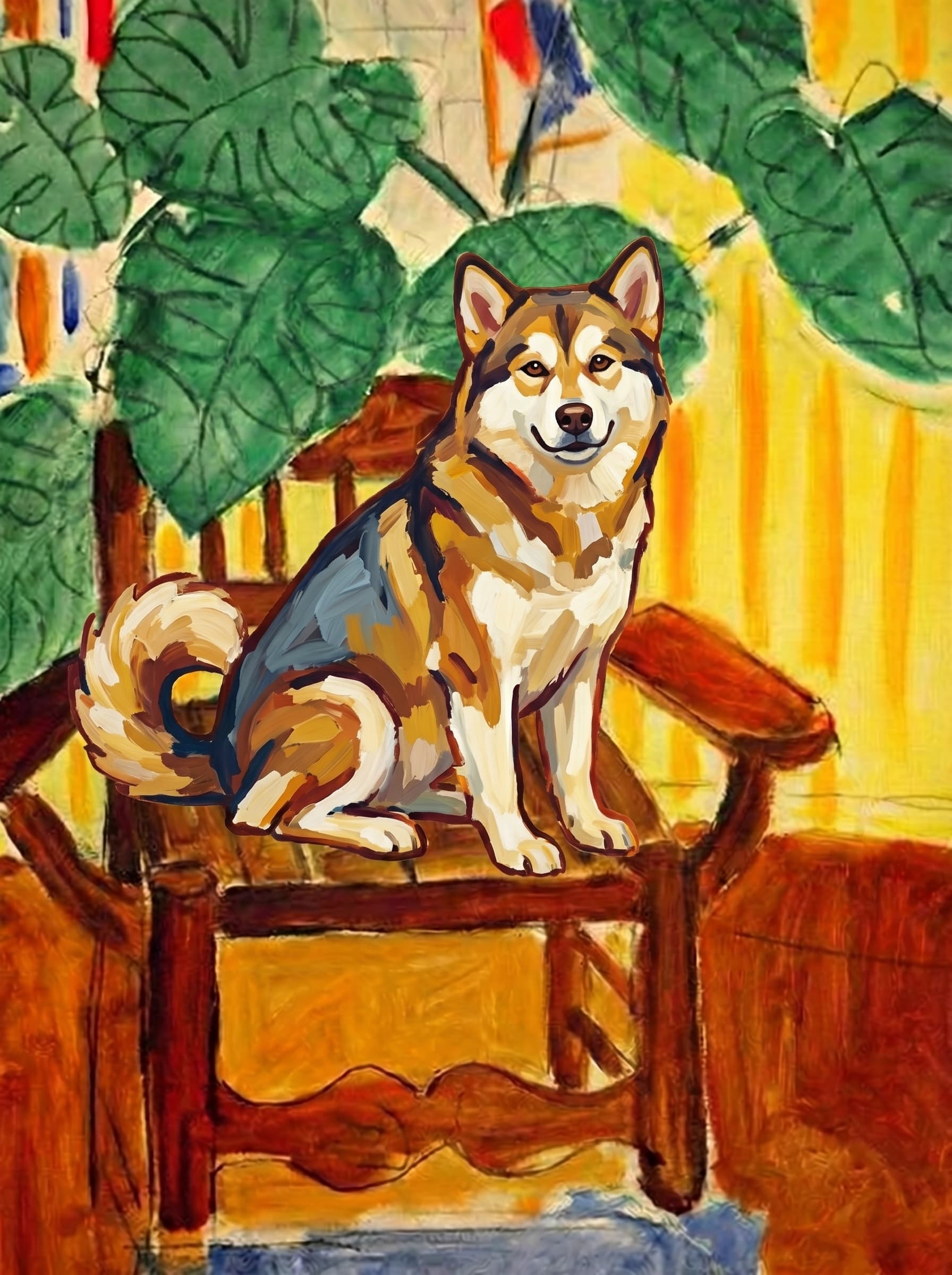 A pet sitting on a brown chair, looking at the viewer. Art Style: Paint in Fauvism, post-impressionism style. Use simplified shapes, exaggerates color, and flattens perspective to create charm and personality.
Use saturated, non-naturalistic colors and flattened perspective reminiscent of Henri Matisse.
The brushwork is loose, visible, and painterly, with uneven strokes that give the surface texture and movement.
Paint with large areas of flat color patches, simplified shapes, bold decorative outlines, and minimal blending.
The composition is flattened and slightly distorted, with compressed perspective.
The painting is expressive, utilizing thick, confident strokes and quick, rhythmic marks that prioritize texture and visual energy over realistic blending or depth.