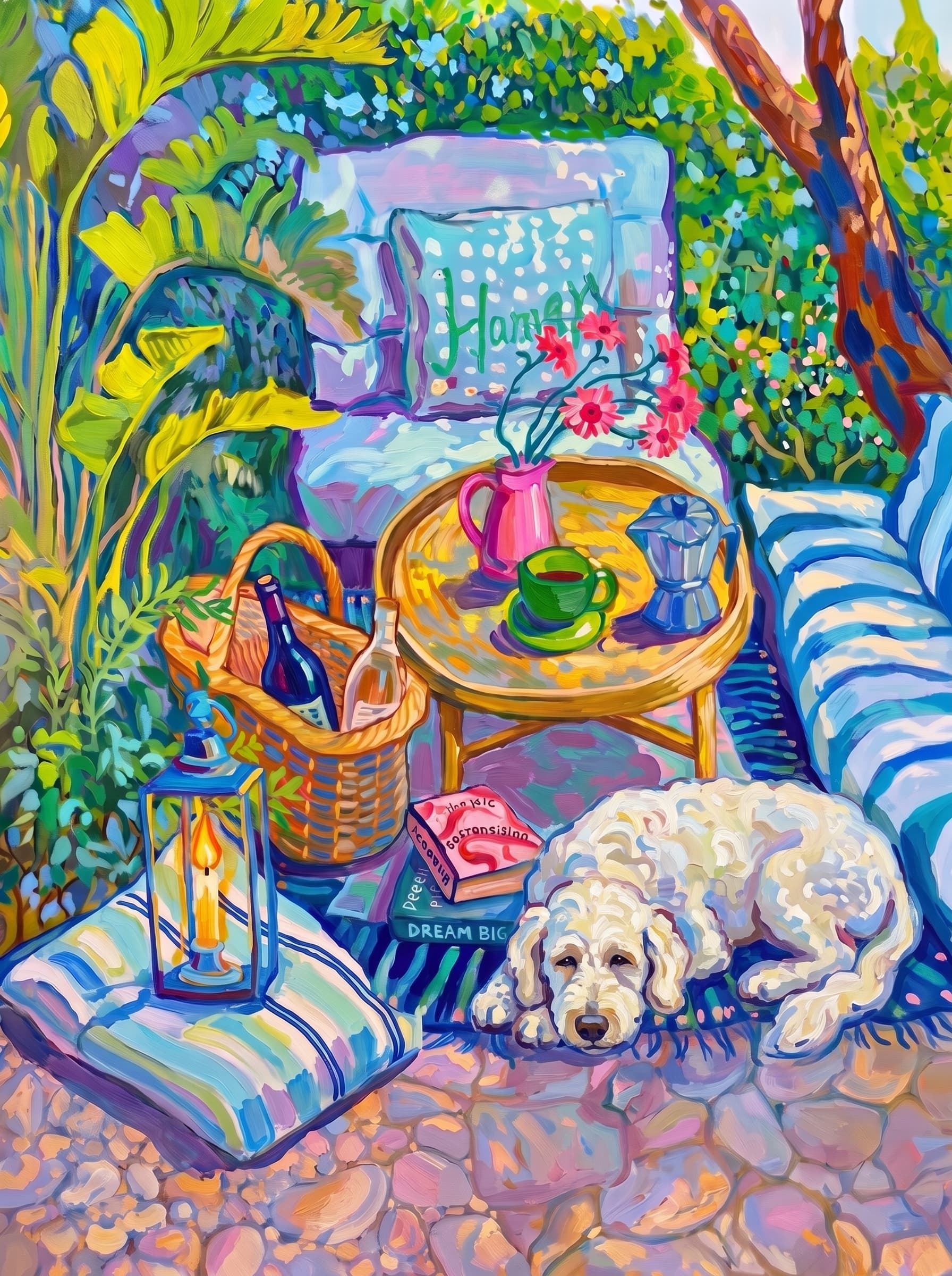 a cozy garden patio filled with lush tropical greenery, blue-and-white striped cushions, a round rattan table, picnic basket, lantern, books, flowers.
The pet is lazily resting in the foreground, almost fall asleep with a relaxed and content expression.
The composition feels intimate and inviting, with foliage and a tree trunk framing the scene, the circular table anchoring the center, and expressive brushwork plus dappled light creating a lively, relaxed outdoor atmosphere.
Art Style: Paint in Fauvism, post-impressionism style. Use simplified shapes, exaggerates color, and flattens perspective to create charm and personality.
Use saturated, non-naturalistic colors and flattened perspective reminiscent of Henri Matisse.
The brushwork is loose, visible, and painterly, with uneven strokes that give the surface texture and movement.
Paint with large areas of flat color patches, simplified shapes, bold decorative outlines, and minimal blending.
The composition is flattened and slightly distorted, with compressed perspective.
The painting is expressive, utilizing thick, confident strokes and quick, rhythmic marks that prioritize texture and visual energy over realistic blending or depth.