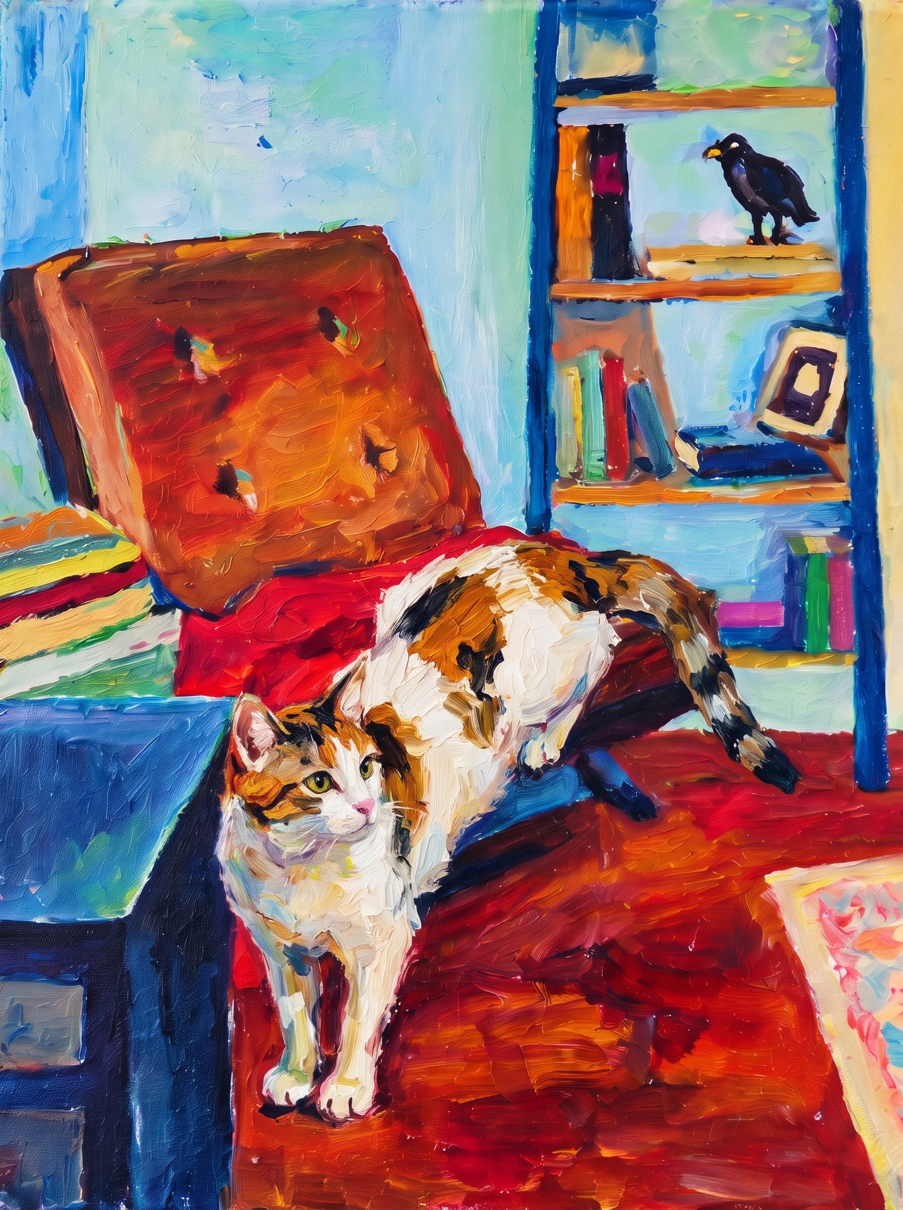 An oil painting in an Impressionist impasto style depicts a warm, cozy indoor space centered around a large, reclined armchair featuring a brown tufted cushion and a vivid red blanket draped across its seat.
Behind the chair stands a rich blue bookshelf adorned with colorful books, a picture frame, and a dark bird figurine perched on the top shelf.
To the left, a matching blue side table holds stacked books, while the room's floor glows in deep mahogany and amber hues alongside a patterned pastel rug.
The vibrant composition is completed by a background of soft turquoise, sky blue, and buttery yellow wall tones, all rendered with thick, visible brushstrokes that lend a lively texture to the scene.
The pet is standing upright on its two front legs, which rest on the dark reddish floor in the foreground. Its rear legs and body are elevated, resting on the seat of the brown reclined armchair, draped over the red blanket.
Paint the pet with the same thick impasto brushstrokes and vivid palette as the rest of the painting.