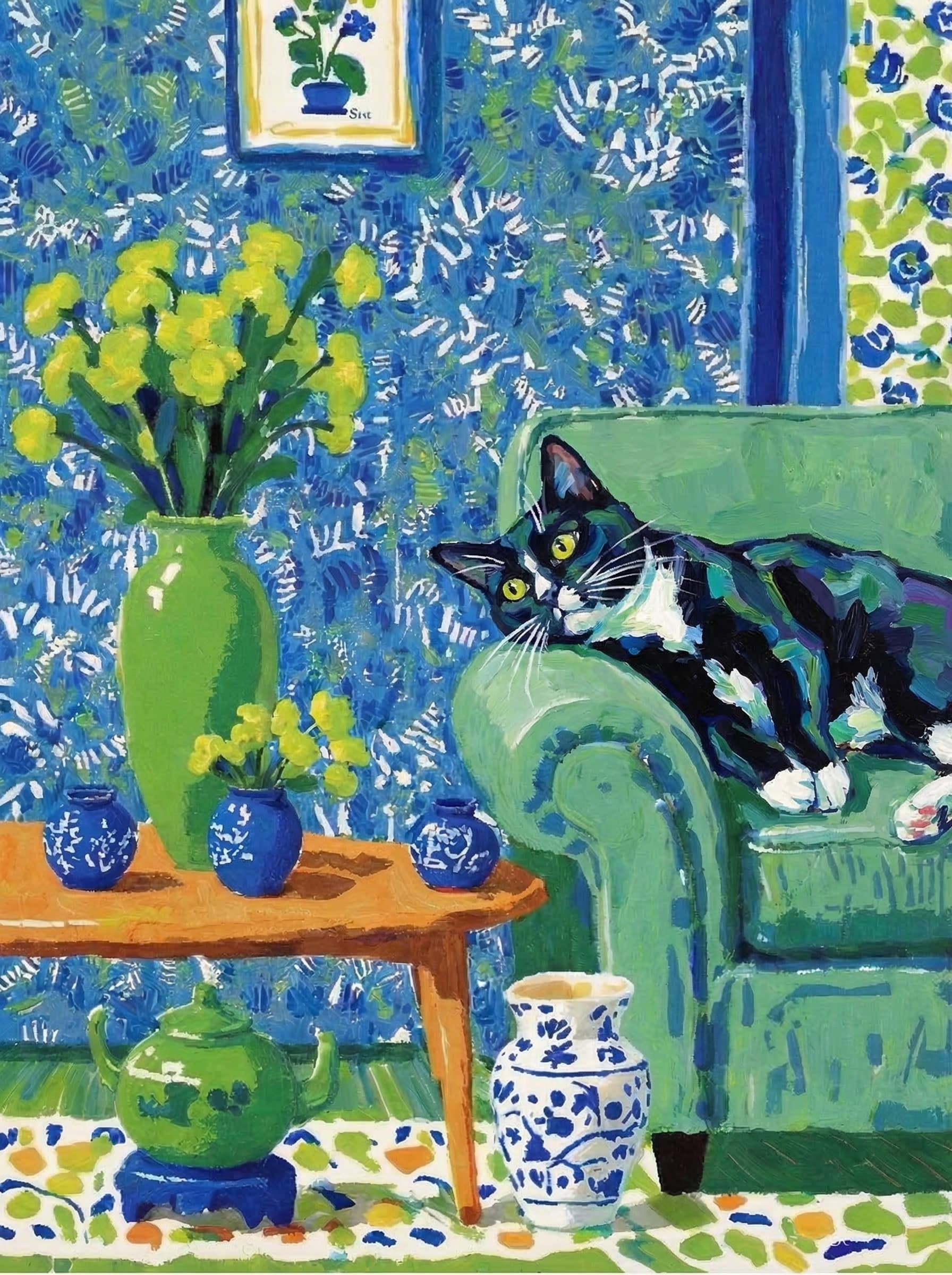 A pet lazy lying on the couch, with head tilt on the edge of couch, eye looking at the the vase. paint in post-impressionism style. Use saturated, non-naturalistic colors and flattened perspective reminiscent of Henri Matisse. painterly and expressive, utilizing thick, confident strokes and quick, rhythmic marks that prioritize texture and visual energy over realistic blending or depth.