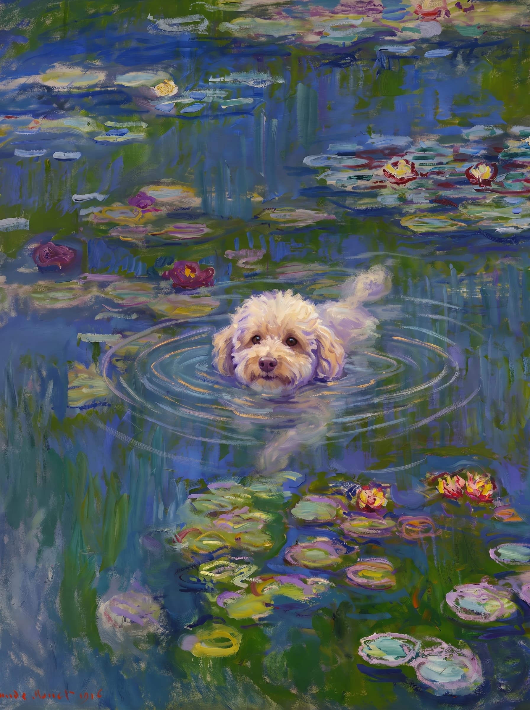 The pet should appear naturally integrated into the middle of the pond, swimming calmly through the water with only its head, upper neck, and a subtle suggestion of its back visible above the surface.
The pet should be facing forward and looking directly at the viewer. Its wet fur should be suggested through painterly strokes.
Blend the pet into the scene using Monet-like impressionist oil painting techniques: visible layered brushstrokes, soft broken color, blue-green reflections, violet shadows, golden-orange highlights, and shimmering ripples around the pet.
The water should partially obscure the pet’s body, with delicate circular ripples spreading outward. Nearby lily pads and water lilies should remain undisturbed but subtly interact with the ripples.
The pet must feel like it was originally painted into the artwork, not pasted on top. Match the atmospheric softness, painterly texture, scale, perspective, and color harmony of the original Water Lilies painting.
Avoid photorealism, sharp outlines, modern digital effects, or excessive detail. The final image should look like a whimsical impressionist oil painting in the spirit of late Monet, with the pet quietly swimming among the lily pads at the center of the pond.
Art Style: Paint in Fauvism, post-impressionism style. Use simplified shapes, exaggerates color, and flattens perspective to create charm and personality.
Use saturated, non-naturalistic colors and flattened perspective reminiscent of Henri Matisse.
The brushwork is loose, visible, and painterly, with uneven strokes that give the surface texture and movement.
Paint with large areas of flat color patches, simplified shapes, bold decorative outlines, and minimal blending.
The composition is flattened and slightly distorted, with compressed perspective.
The painting is expressive, utilizing thick, confident strokes and quick, rhythmic marks that prioritize texture and visual energy over realistic blending or depth.