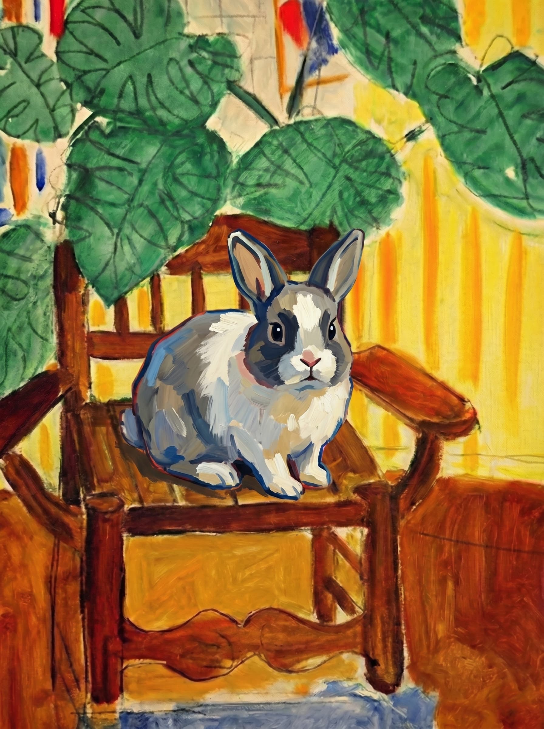 A pet sitting on a brown chair, looking at the viewer. Art Style: Paint in Fauvism, post-impressionism style. Use simplified shapes, exaggerates color, and flattens perspective to create charm and personality.
Use saturated, non-naturalistic colors and flattened perspective reminiscent of Henri Matisse.
The brushwork is loose, visible, and painterly, with uneven strokes that give the surface texture and movement.
Paint with large areas of flat color patches, simplified shapes, bold decorative outlines, and minimal blending.
The composition is flattened and slightly distorted, with compressed perspective.
The painting is expressive, utilizing thick, confident strokes and quick, rhythmic marks that prioritize texture and visual energy over realistic blending or depth.