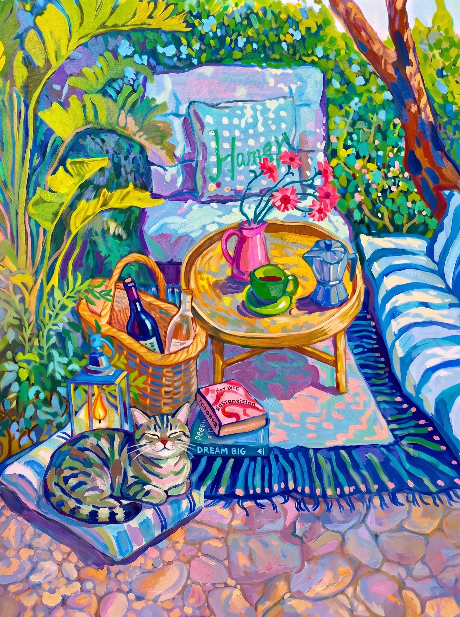 a cozy garden patio filled with lush tropical greenery, blue-and-white striped cushions, a round rattan table, picnic basket, lantern, books, flowers.
The pet is lazily resting in the foreground, almost fall asleep with a relaxed and content expression.
The composition feels intimate and inviting, with foliage and a tree trunk framing the scene, the circular table anchoring the center, and expressive brushwork plus dappled light creating a lively, relaxed outdoor atmosphere.
Art Style: Paint in Fauvism, post-impressionism style. Use simplified shapes, exaggerates color, and flattens perspective to create charm and personality.
Use saturated, non-naturalistic colors and flattened perspective reminiscent of Henri Matisse.
The brushwork is loose, visible, and painterly, with uneven strokes that give the surface texture and movement.
Paint with large areas of flat color patches, simplified shapes, bold decorative outlines, and minimal blending.
The composition is flattened and slightly distorted, with compressed perspective.
The painting is expressive, utilizing thick, confident strokes and quick, rhythmic marks that prioritize texture and visual energy over realistic blending or depth.