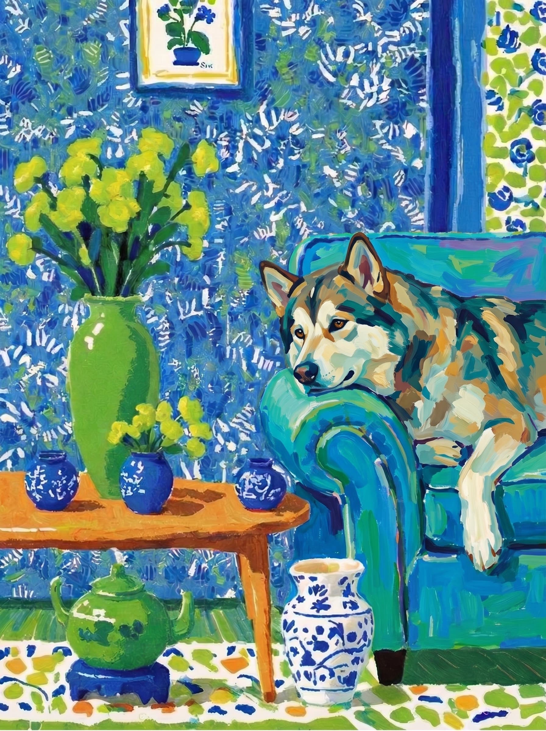 A pet lazy lying on the couch, with head tilt on the edge of couch, eye looking at the the vase. paint in post-impressionism style. Use saturated, non-naturalistic colors and flattened perspective reminiscent of Henri Matisse. painterly and expressive, utilizing thick, confident strokes and quick, rhythmic marks that prioritize texture and visual energy over realistic blending or depth.