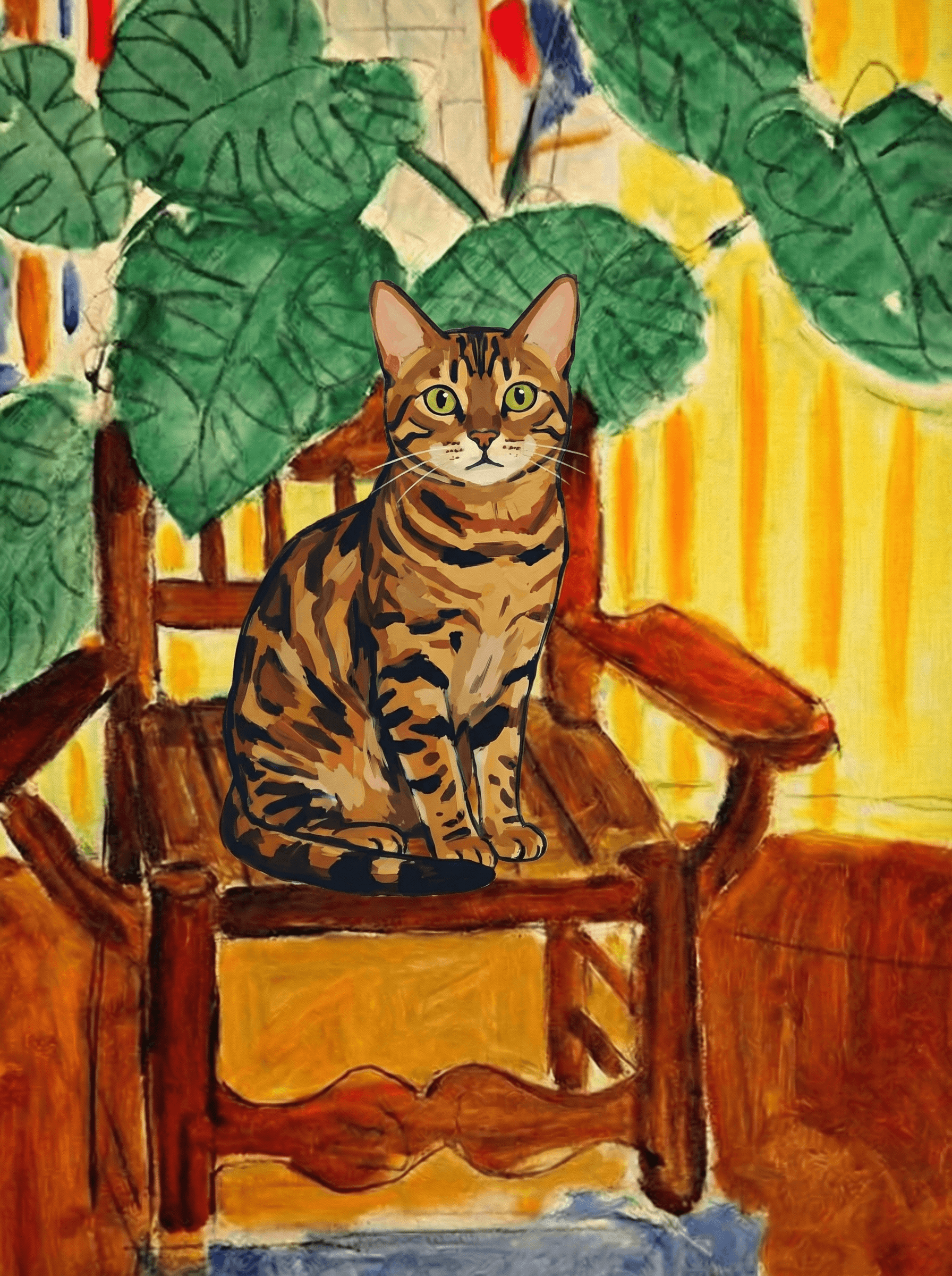 A pet sitting on a brown chair, looking at the viewer. Colors are applied with minimal blending, creating a flat, illustrative feel. The brushwork is broad, rapid, and direct. Strokes are loose, visible, applied thinly, defining the forms quickly without building up significant physical texture or impasto on the surface.