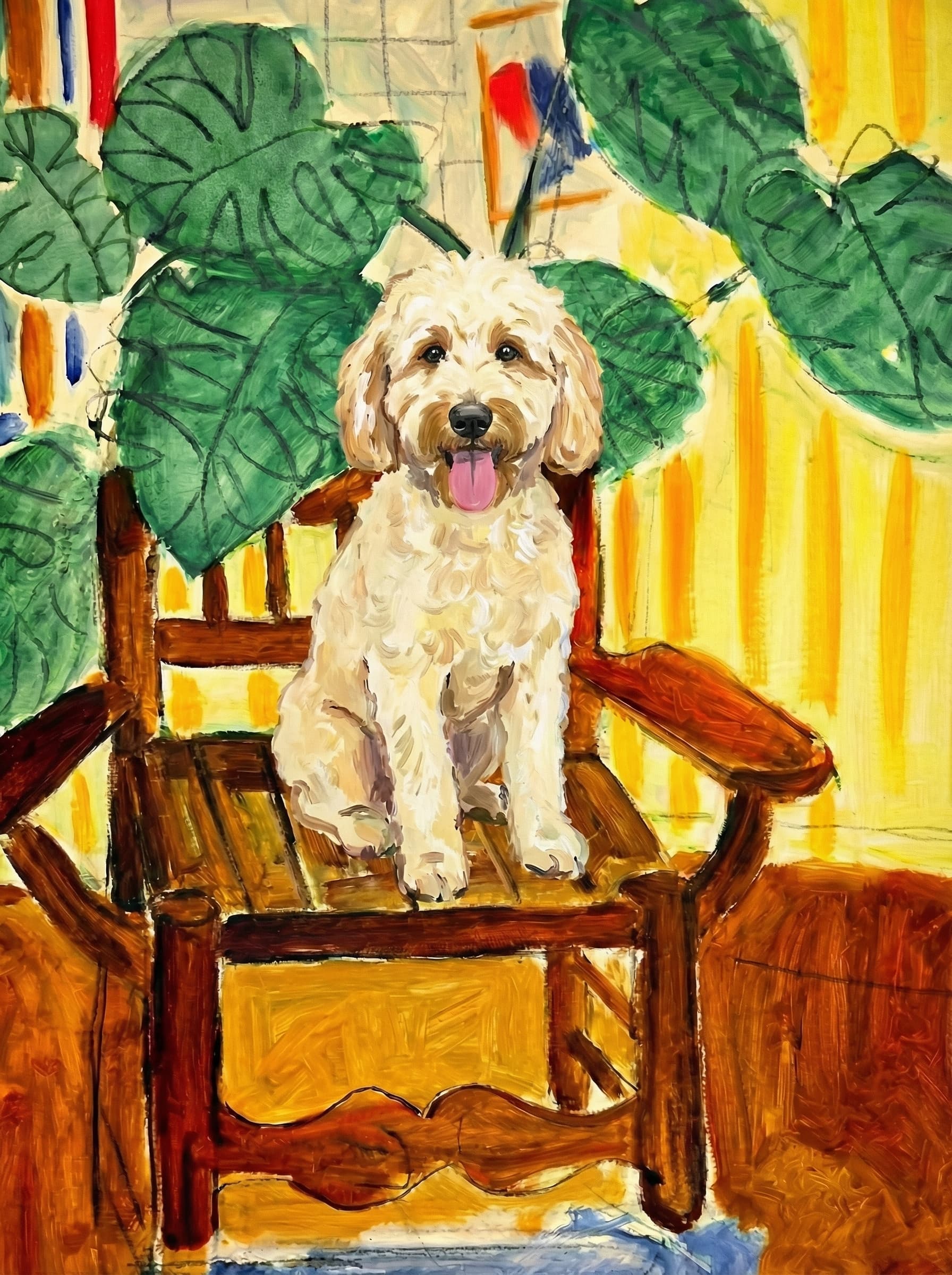 A pet sitting on a brown chair, looking at the viewer. Colors are applied with minimal blending, creating a flat, illustrative feel. The brushwork is broad, rapid, and direct. Strokes are loose, visible, applied thinly, defining the forms quickly without building up significant physical texture or impasto on the surface.