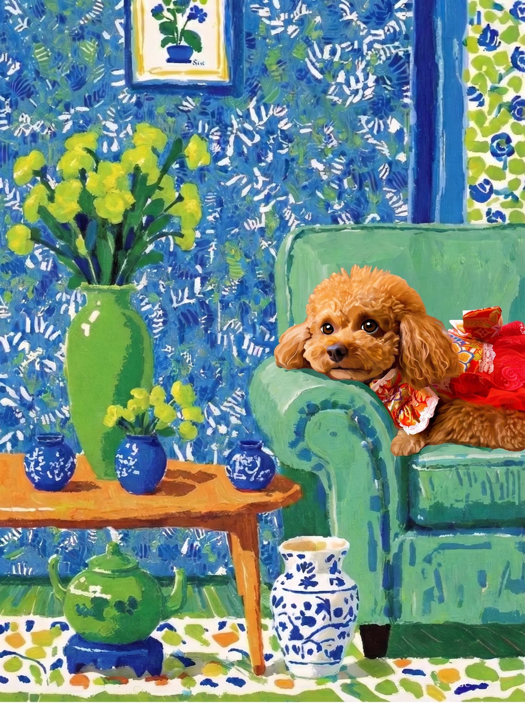 A pet lazy lying on the couch, with head tilt on the edge of couch, eye looking at the the vase. Art Style: Paint in Fauvism, post-impressionism style. Use simplified shapes, exaggerates color, and flattens perspective to create charm and personality.
Use saturated, non-naturalistic colors and flattened perspective reminiscent of Henri Matisse.
The brushwork is loose, visible, and painterly, with uneven strokes that give the surface texture and movement.
Paint with large areas of flat color patches, simplified shapes, bold decorative outlines, and minimal blending.
The composition is flattened and slightly distorted, with compressed perspective.
The painting is expressive, utilizing thick, confident strokes and quick, rhythmic marks that prioritize texture and visual energy over realistic blending or depth.