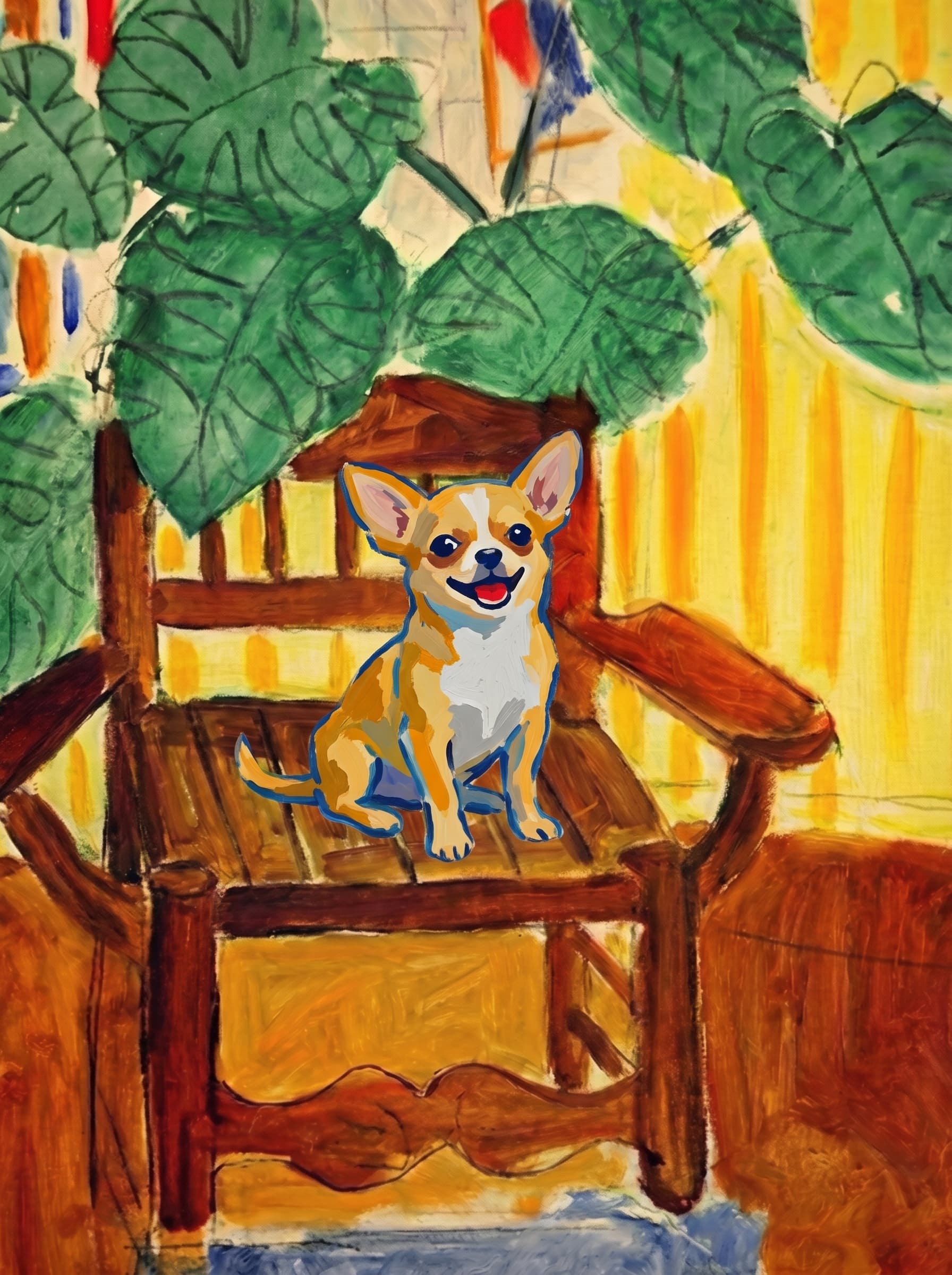 A pet sitting on a brown chair, looking at the viewer. Art Style: Paint in Fauvism, post-impressionism style. Use simplified shapes, exaggerates color, and flattens perspective to create charm and personality.
Use saturated, non-naturalistic colors and flattened perspective reminiscent of Henri Matisse.
The brushwork is loose, visible, and painterly, with uneven strokes that give the surface texture and movement.
Paint with large areas of flat color patches, simplified shapes, bold decorative outlines, and minimal blending.
The composition is flattened and slightly distorted, with compressed perspective.
The painting is expressive, utilizing thick, confident strokes and quick, rhythmic marks that prioritize texture and visual energy over realistic blending or depth.