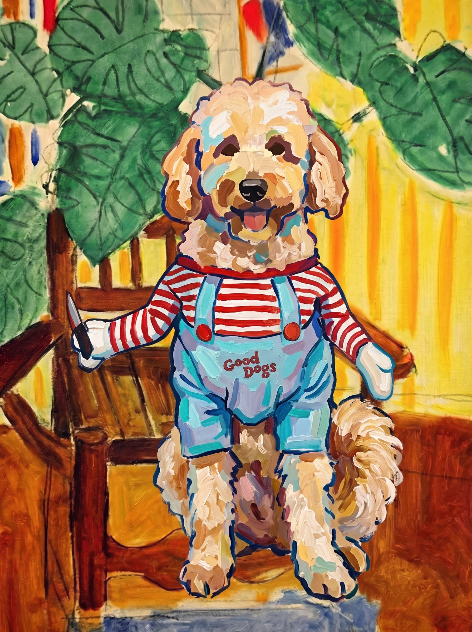 A pet sitting on a brown chair, looking at the viewer. Art Style: Paint in Fauvism, post-impressionism style. Use simplified shapes, exaggerates color, and flattens perspective to create charm and personality.
Use saturated, non-naturalistic colors and flattened perspective reminiscent of Henri Matisse.
The brushwork is loose, visible, and painterly, with uneven strokes that give the surface texture and movement.
Paint with large areas of flat color patches, simplified shapes, bold decorative outlines, and minimal blending.
The composition is flattened and slightly distorted, with compressed perspective.
The painting is expressive, utilizing thick, confident strokes and quick, rhythmic marks that prioritize texture and visual energy over realistic blending or depth.
