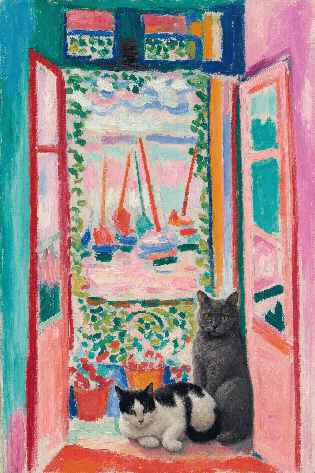 A pet sitting on the right bottom frame of an open door, with its back to the opening while facing the room, looking at the viewer, slight leaning on the right-side door panel. Paint in post-impressionism style. Use loosely painted, vibrantly colored, stylized, vertical painting.