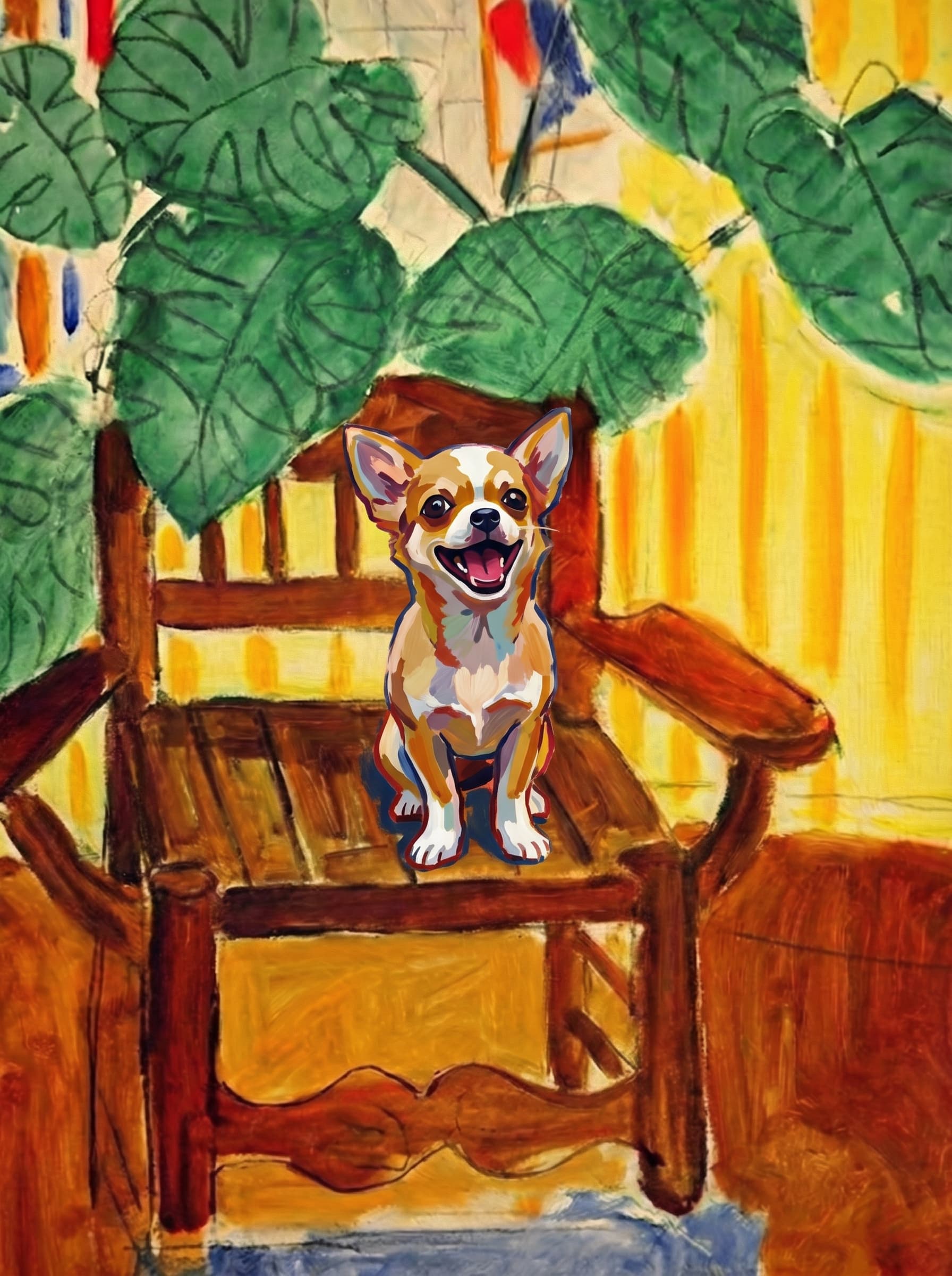 A pet sitting on a brown chair, looking at the viewer. Art Style: Paint in Fauvism, post-impressionism style. Use simplified shapes, exaggerates color, and flattens perspective to create charm and personality.
Use saturated, non-naturalistic colors and flattened perspective reminiscent of Henri Matisse.
The brushwork is loose, visible, and painterly, with uneven strokes that give the surface texture and movement.
Paint with large areas of flat color patches, simplified shapes, bold decorative outlines, and minimal blending.
The composition is flattened and slightly distorted, with compressed perspective.
The painting is expressive, utilizing thick, confident strokes and quick, rhythmic marks that prioritize texture and visual energy over realistic blending or depth.